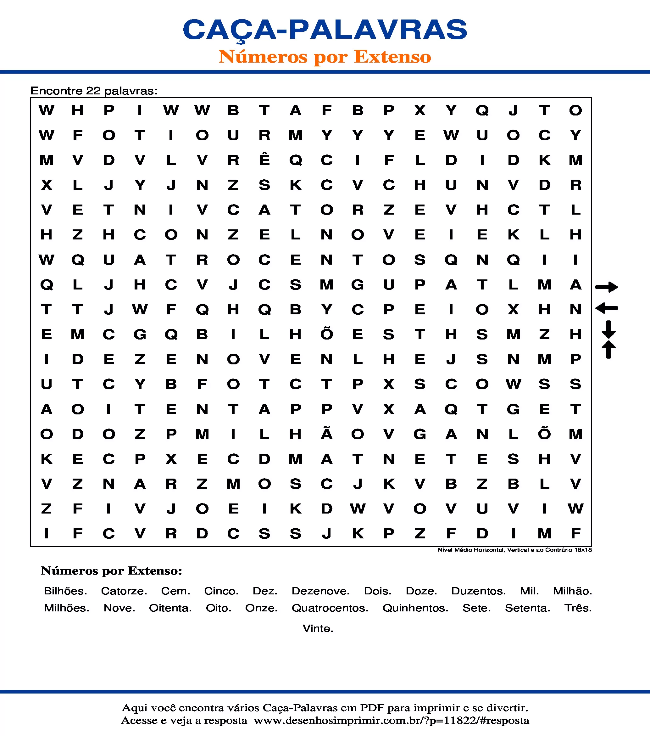 Caça Palavras Nível Médio Horizontal, Vertical e ao Contrário 18x18