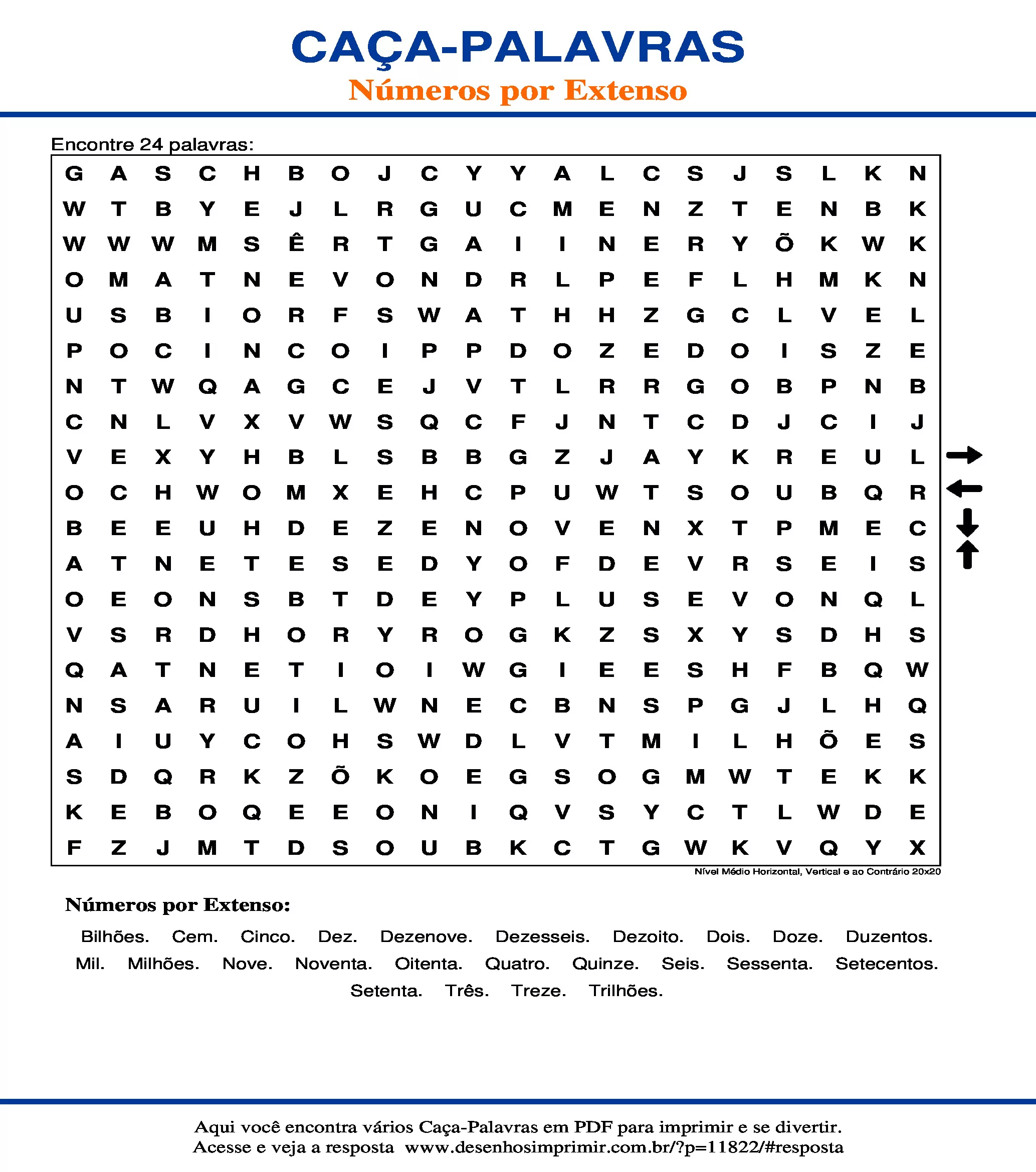 Caça Palavras Nível Médio Horizontal, Vertical e ao Contrário 20x20