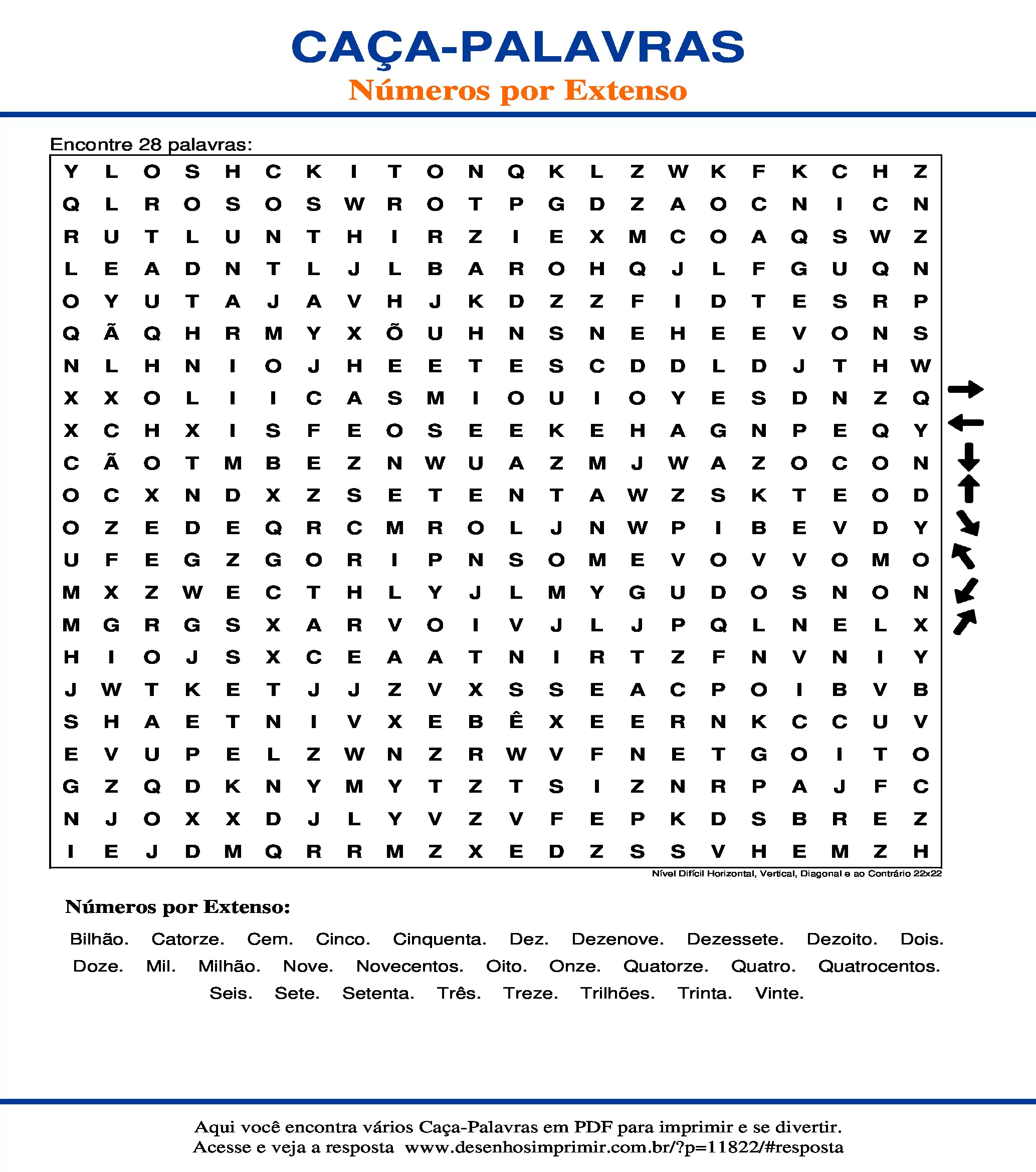 Caça Palavras Nível Difícil Horizontal, Vertical, Diagonal e ao Contrário 22x22