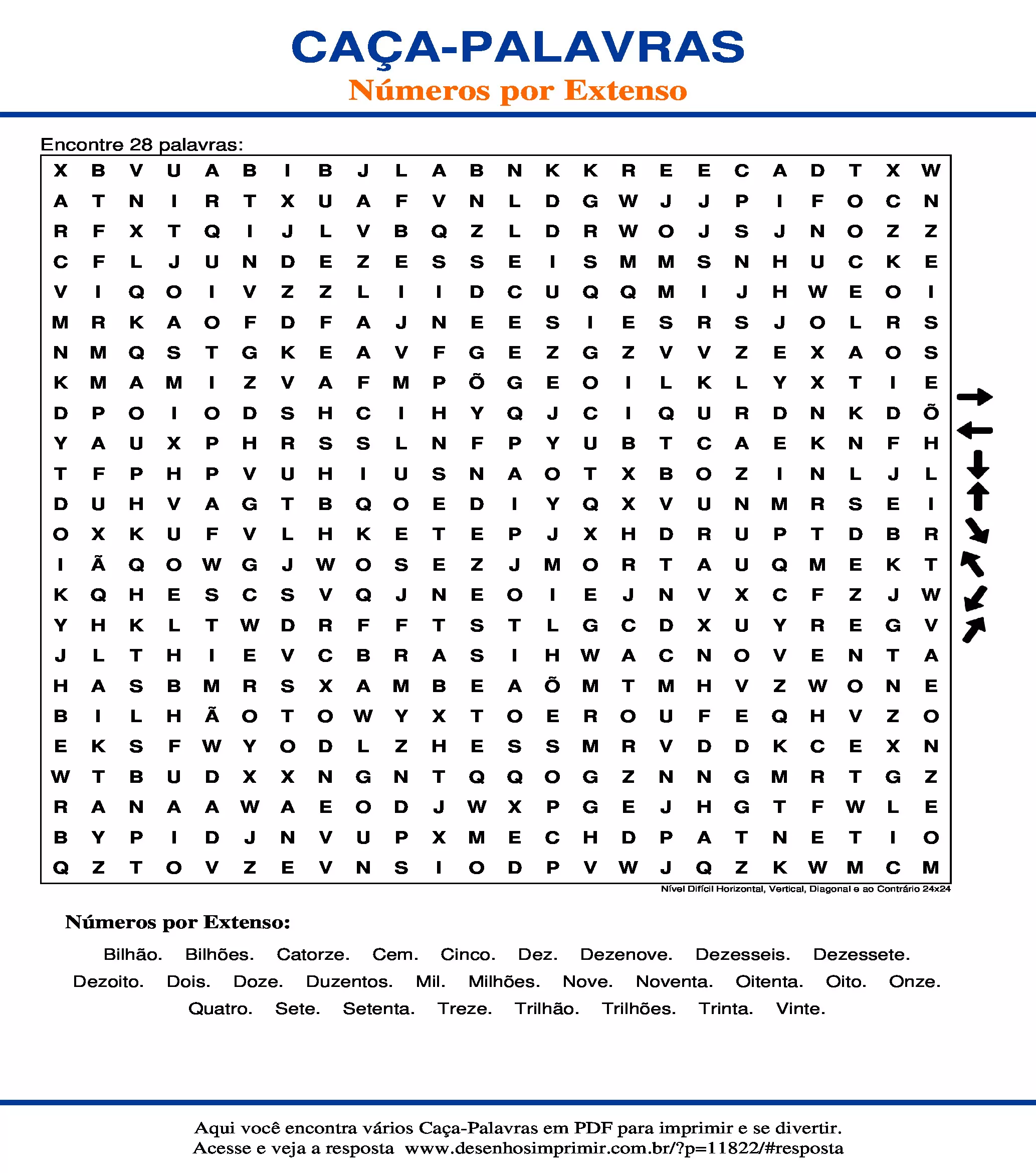 Caça Palavras dos Números por Extenso para imprimir - Desenhos Imprimir