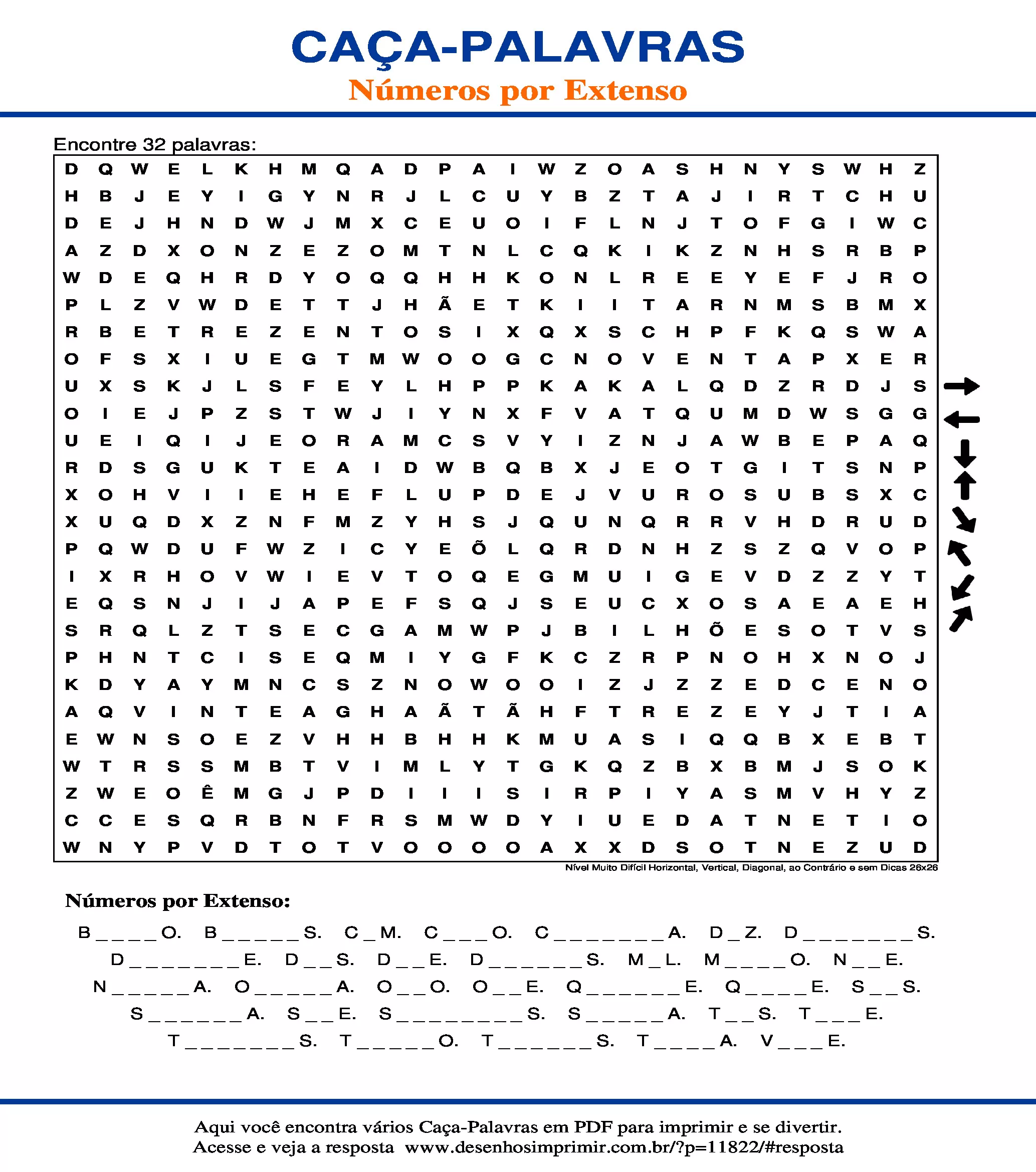 Caça Palavras Nível Muito Difícil Horizontal, Vertical, Diagonal, ao Contrário e sem Dicas 26x26