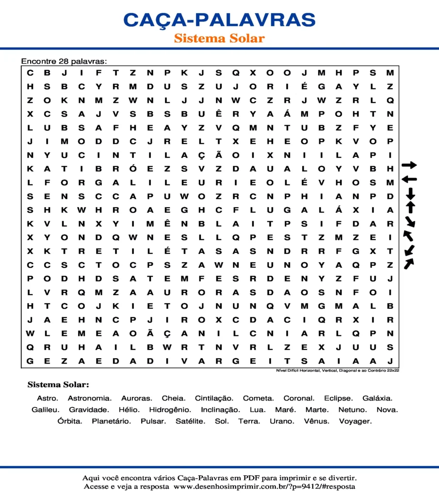 Sistema Solar Nível Difícil Horizontal, Vertical, Diagonal e ao Contrário 22x22 caça palavras Caça Palavras do Sistema Solar Nível Difícil Horizontal, Vertical, Diagonal e ao Contrário 22x22 para imprimir