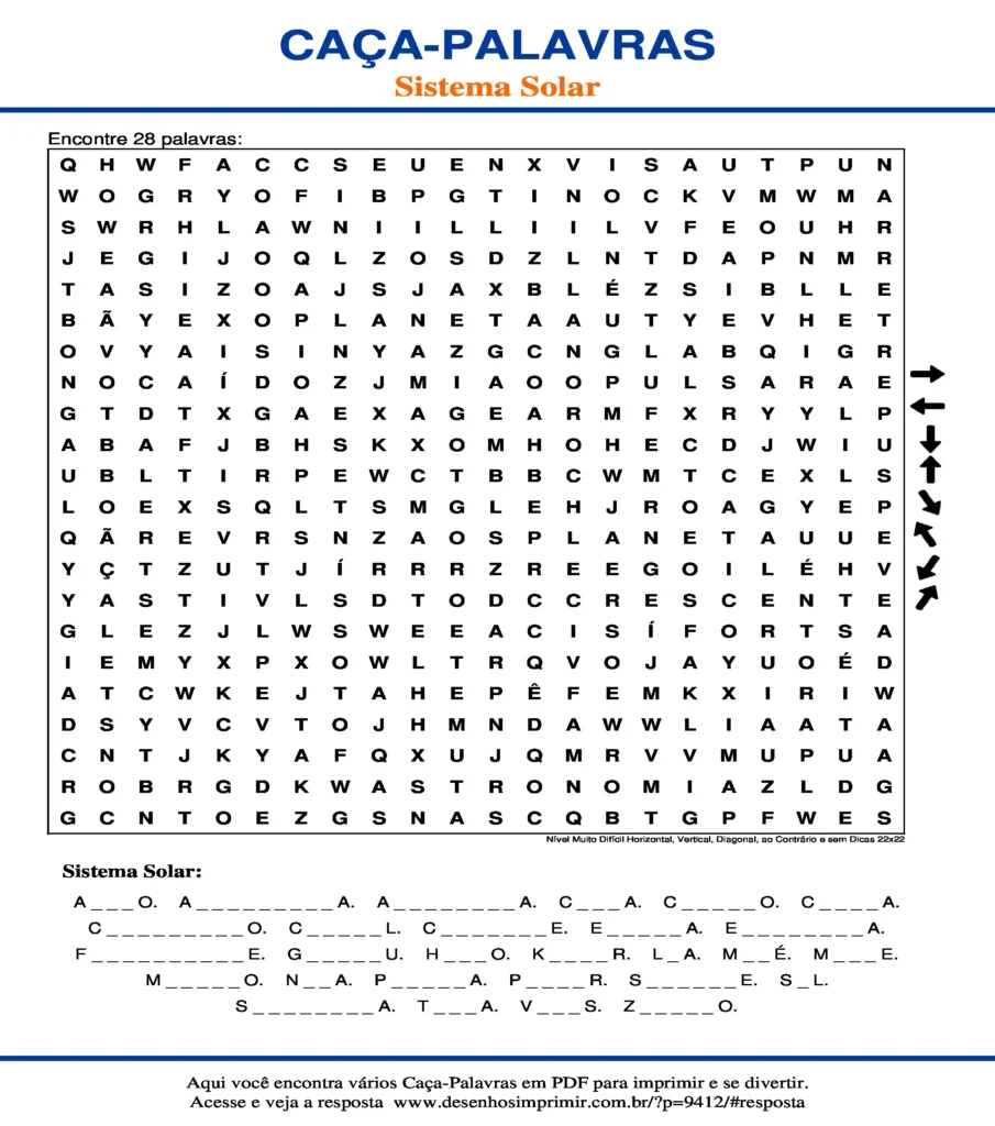 Sistema Solar Nível Muito Difícil Horizontal, Vertical, Diagonal, ao Contrário e sem Dicas 22x22 caça palavras Caça Palavras do Sistema Solar Nível Muito Difícil Horizontal, Vertical, Diagonal, ao Contrário e sem Dicas 22x22 para imprimir
