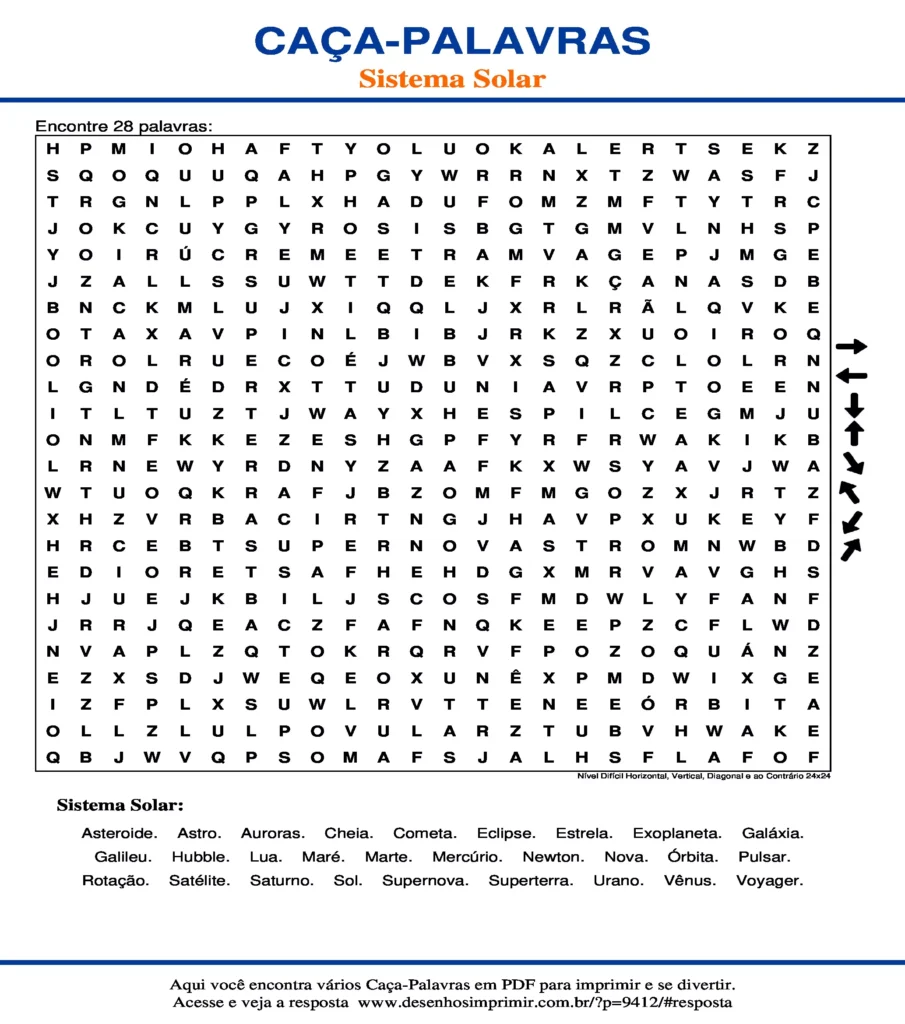 Sistema Solar Nível Difícil Horizontal, Vertical, Diagonal e ao Contrário 24x24 caça palavras Caça Palavras do Sistema Solar Nível Difícil Horizontal, Vertical, Diagonal e ao Contrário 24x24 para imprimir