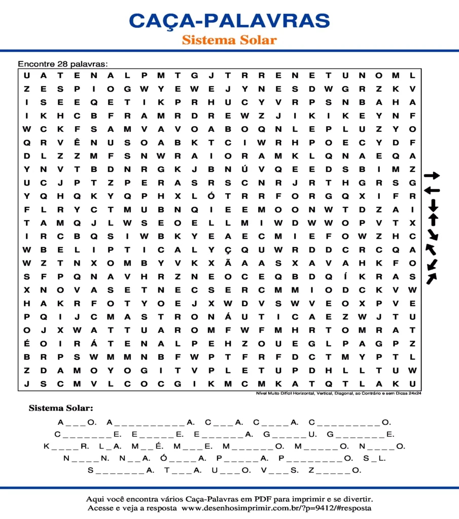 Sistema Solar Nível Muito Difícil Horizontal, Vertical, Diagonal, ao Contrário e sem Dicas 24x24 caça palavras Caça Palavras do Sistema Solar Nível Muito Difícil Horizontal, Vertical, Diagonal, ao Contrário e sem Dicas 24x24 para imprimir