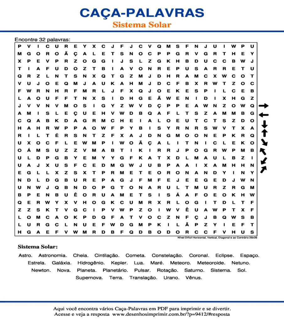 Sistema Solar Nível Difícil Horizontal, Vertical, Diagonal e ao Contrário 26x26 caça palavras Caça Palavras do Sistema Solar Nível Difícil Horizontal, Vertical, Diagonal e ao Contrário 26x26 para imprimir