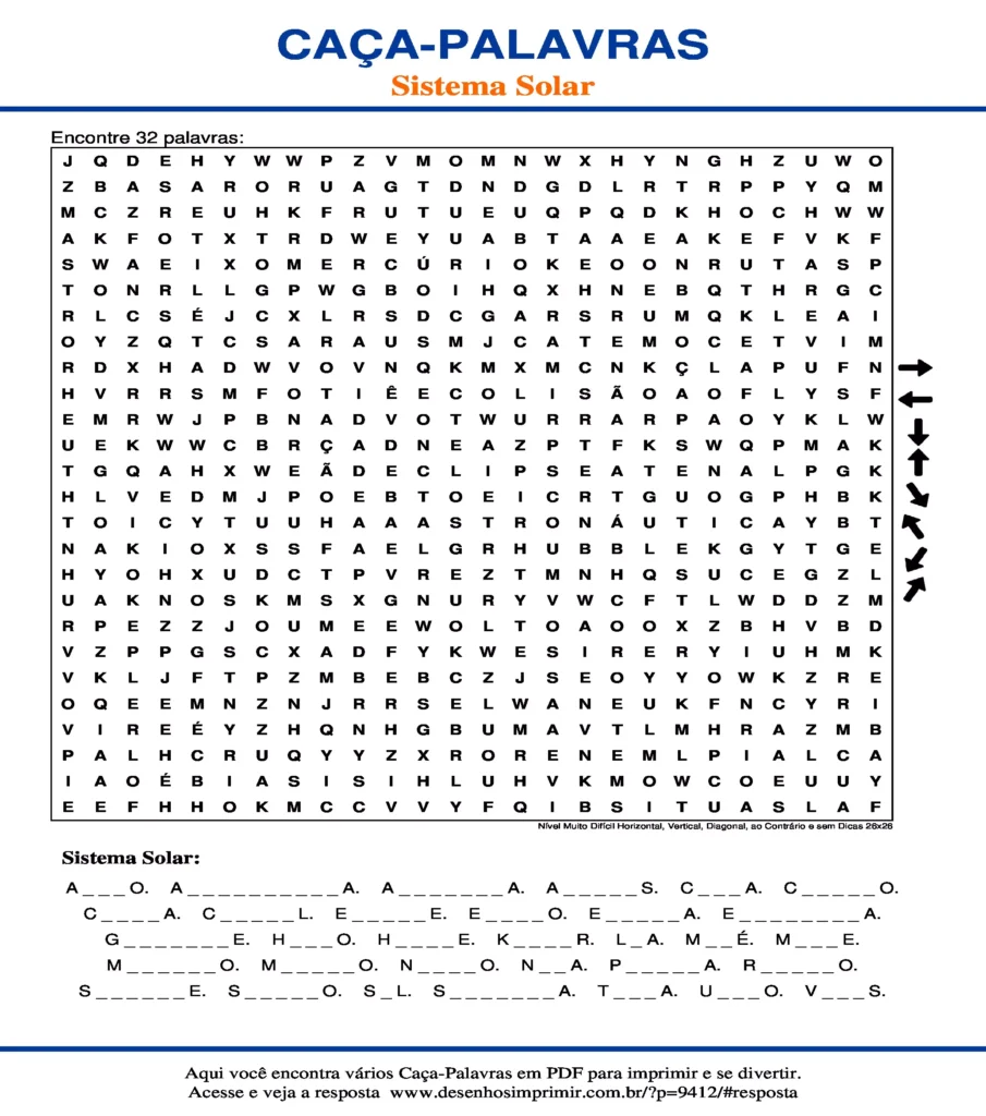 Sistema Solar Nível Muito Difícil Horizontal, Vertical, Diagonal, ao Contrário e sem Dicas 26x26 caça palavras Caça Palavras do Sistema Solar Nível Muito Difícil Horizontal, Vertical, Diagonal, ao Contrário e sem Dicas 26x26 para imprimir