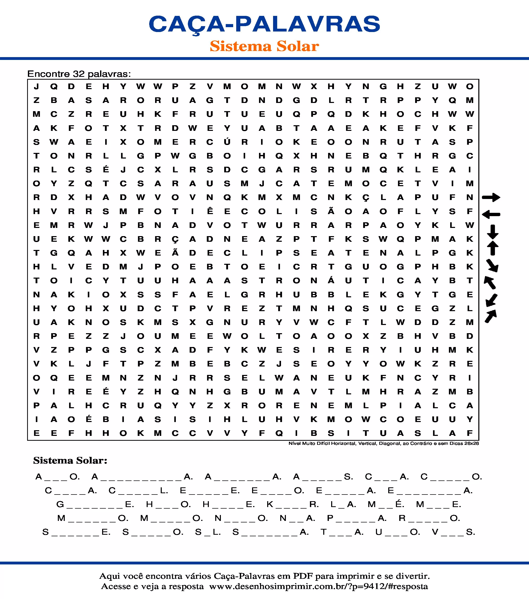 Caça Palavras Nível Muito Difícil Horizontal, Vertical, Diagonal, ao Contrário e sem Dicas 26x26