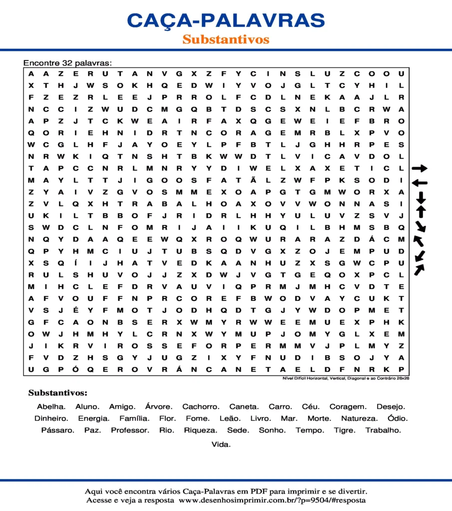 Substantivos Nível Difícil Horizontal, Vertical, Diagonal e ao Contrário 26x26 caça palavras Caça Palavras dos Substantivos Nível Difícil Horizontal, Vertical, Diagonal e ao Contrário 26x26 para imprimir