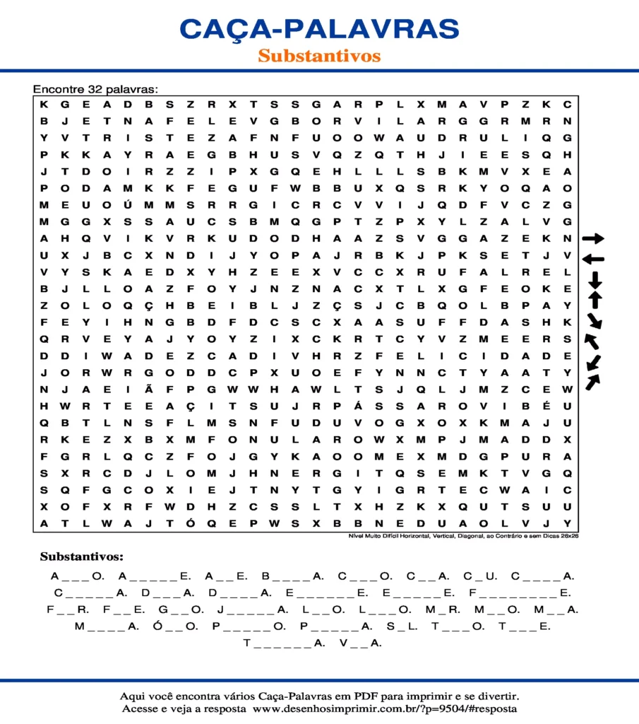 Substantivos Nível Muito Difícil Horizontal, Vertical, Diagonal, ao Contrário e sem Dicas 26x26 caça palavras Caça Palavras dos Substantivos Nível Muito Difícil Horizontal, Vertical, Diagonal, ao Contrário e sem Dicas 26x26 para imprimir
