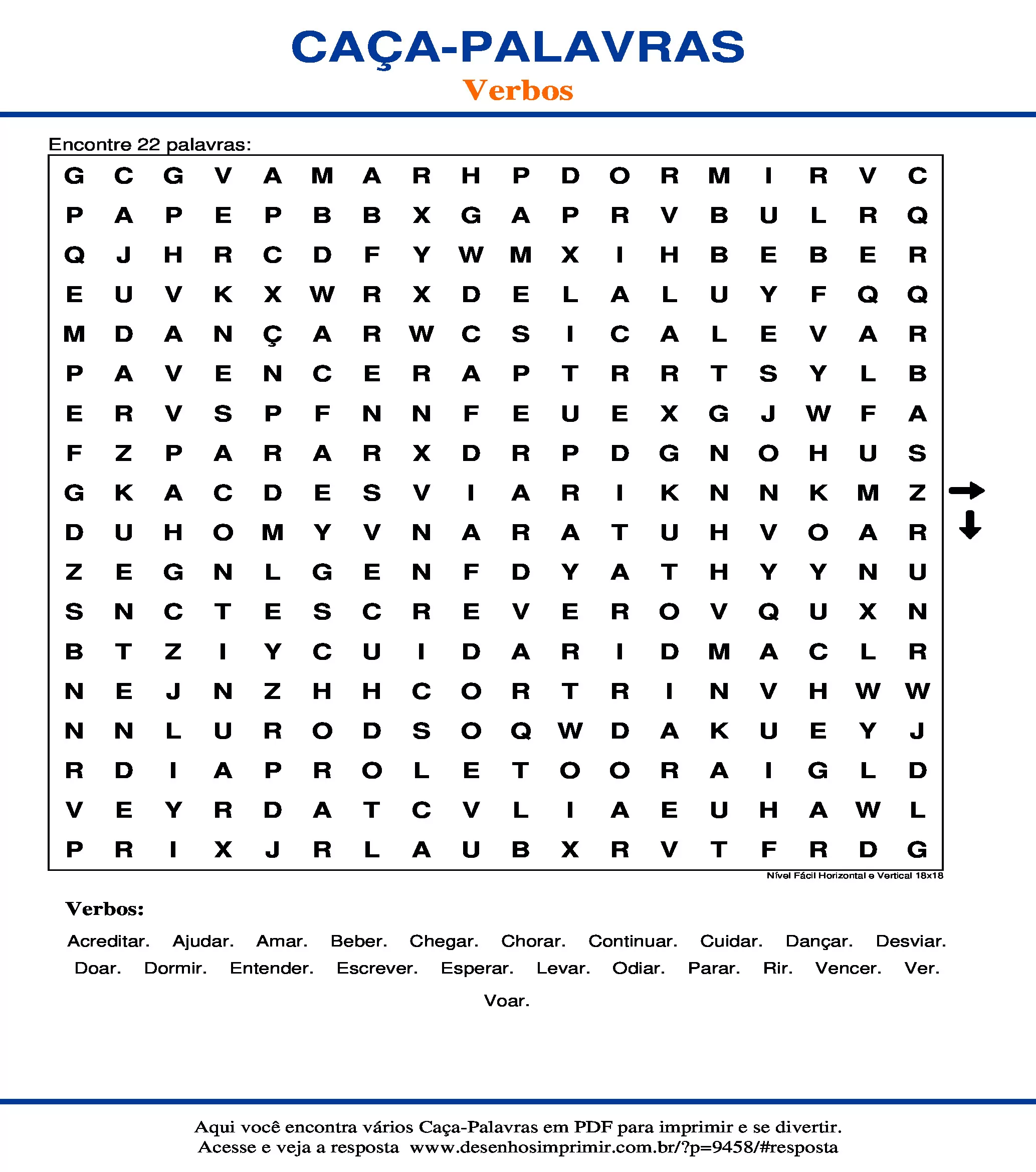 Caça Palavras Nível Fácil Horizontal e Vertical 18x18