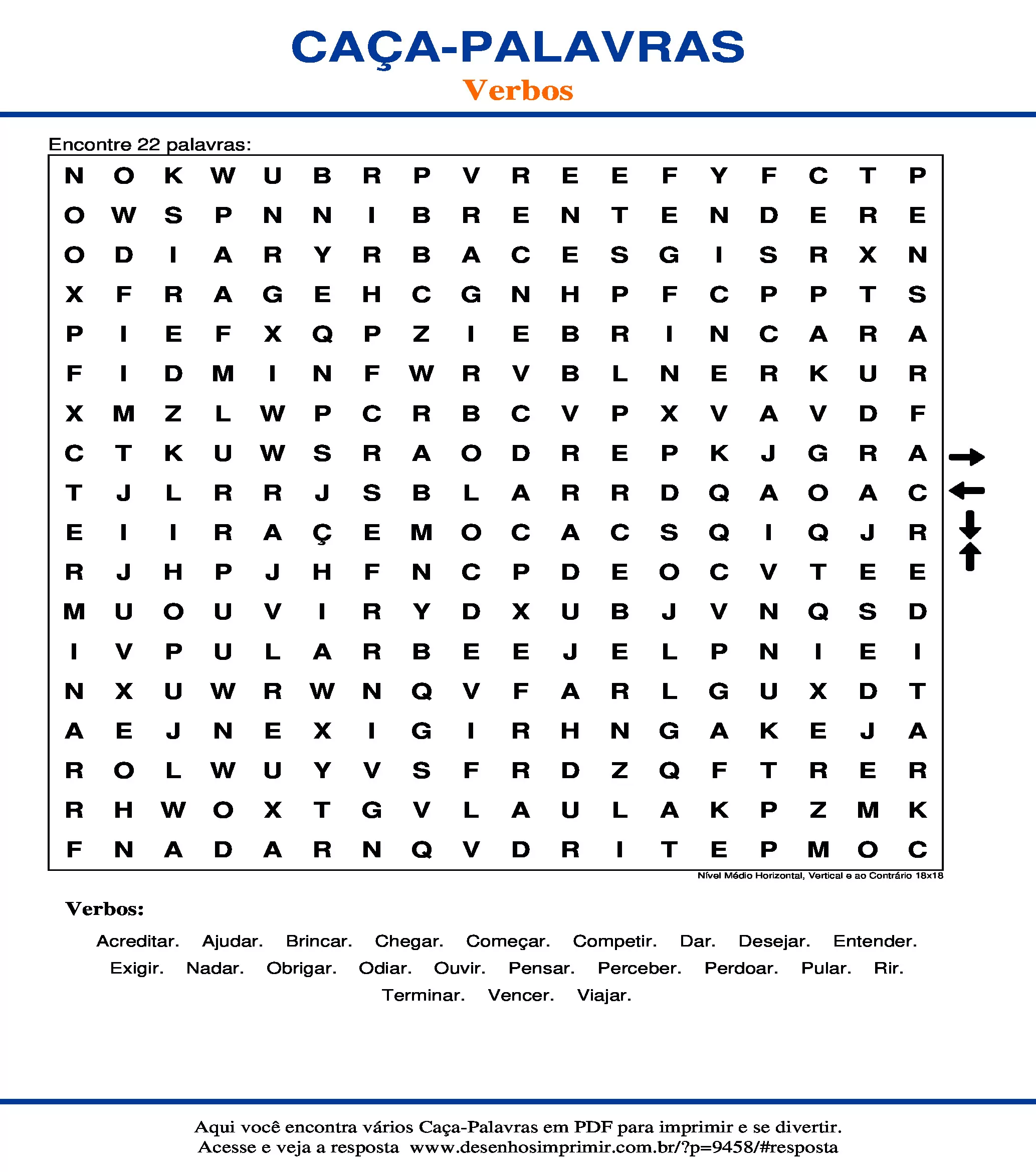 Caça Palavras Nível Médio Horizontal, Vertical e ao Contrário 18x18