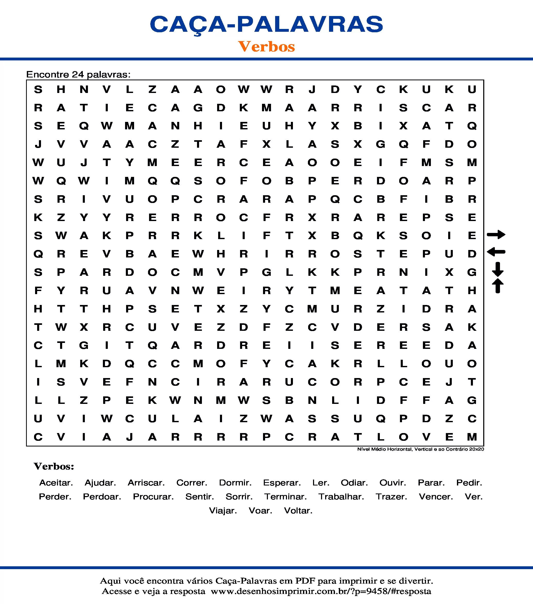 Caça Palavras Nível Médio Horizontal, Vertical e ao Contrário 20x20