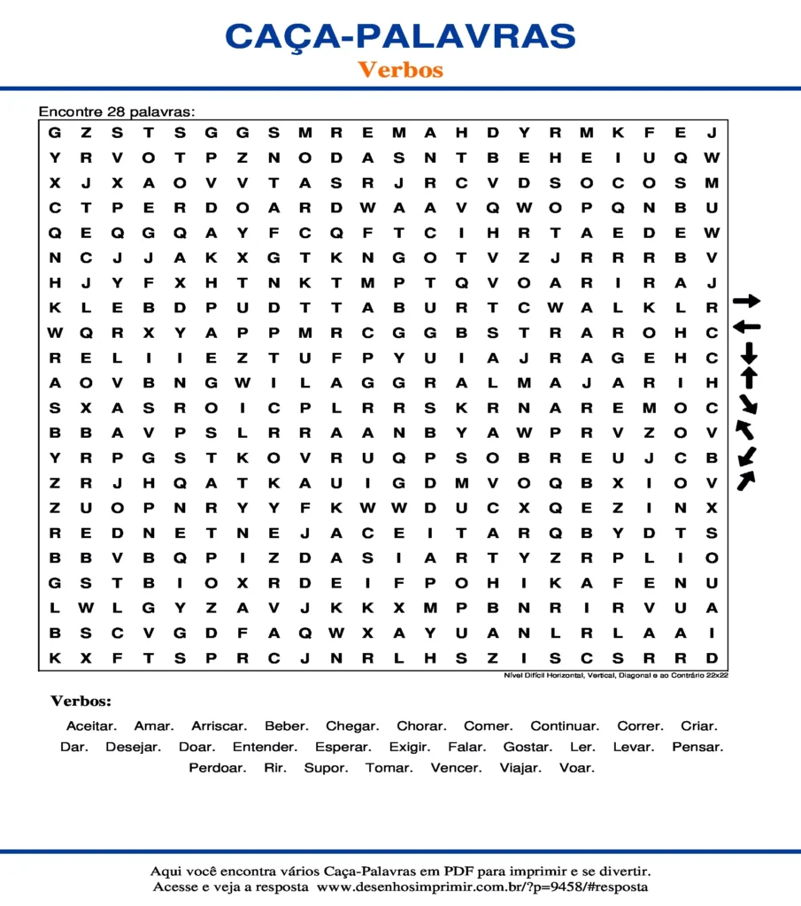 Caça Palavras dos Verbos Nível Difícil Horizontal, Vertical, Diagonal e ao Contrário 22x22 para imprimir