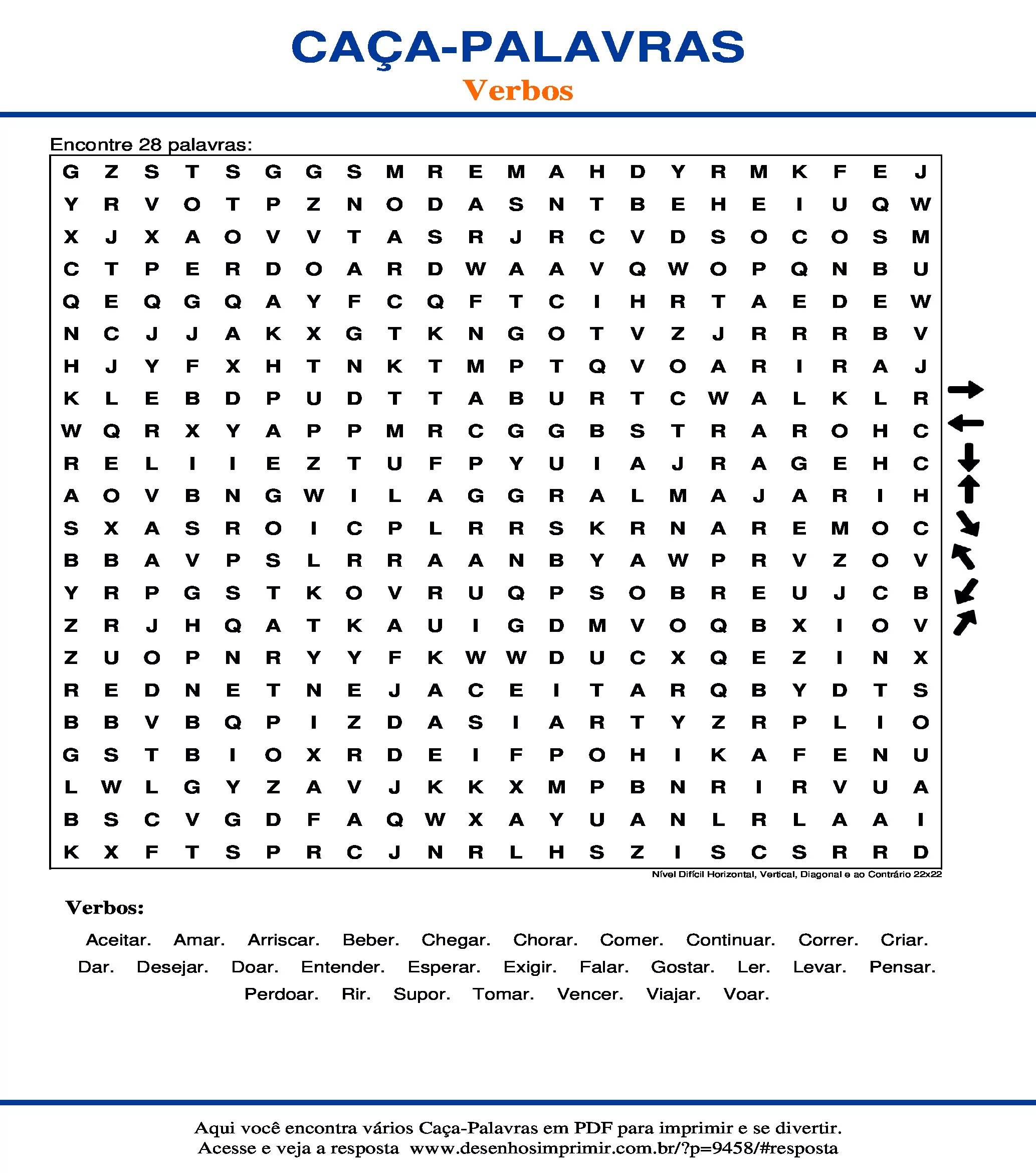 Caça Palavras Nível Difícil Horizontal, Vertical, Diagonal e ao Contrário 22x22