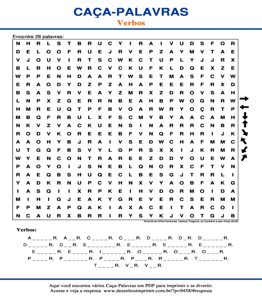 Caça Palavras dos Verbos Nível Muito Difícil Horizontal, Vertical, Diagonal, ao Contrário e sem Dicas 22x22 para imprimir