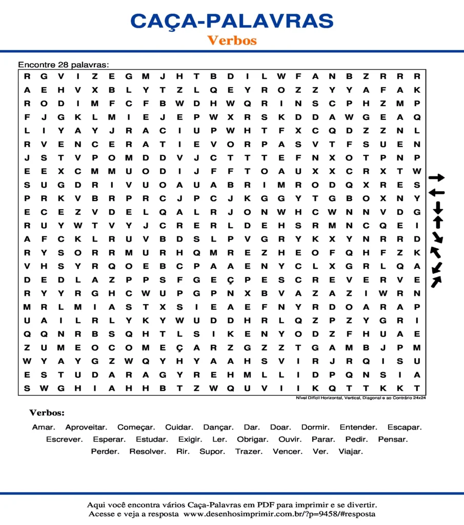 Caça Palavras dos Verbos Nível Difícil Horizontal, Vertical, Diagonal e ao Contrário 24x24 para imprimir