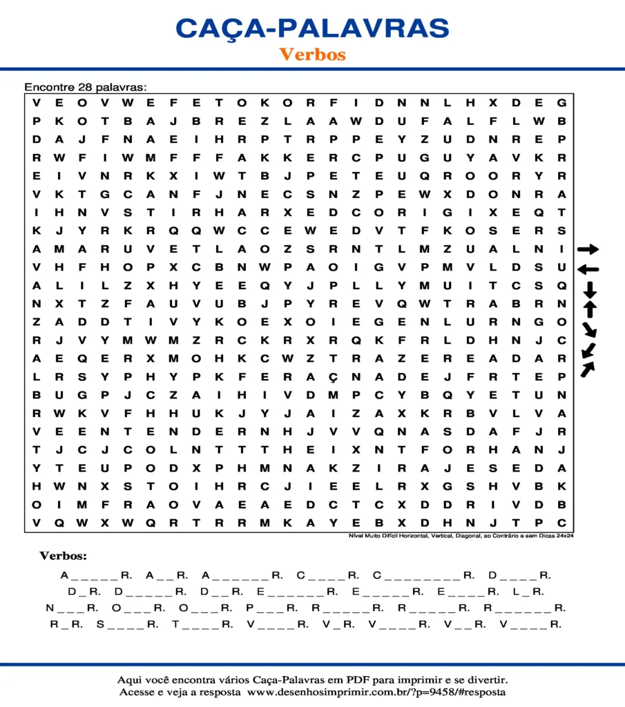 Caça Palavras dos Verbos Nível Muito Difícil Horizontal, Vertical, Diagonal, ao Contrário e sem Dicas 24x24 para imprimir