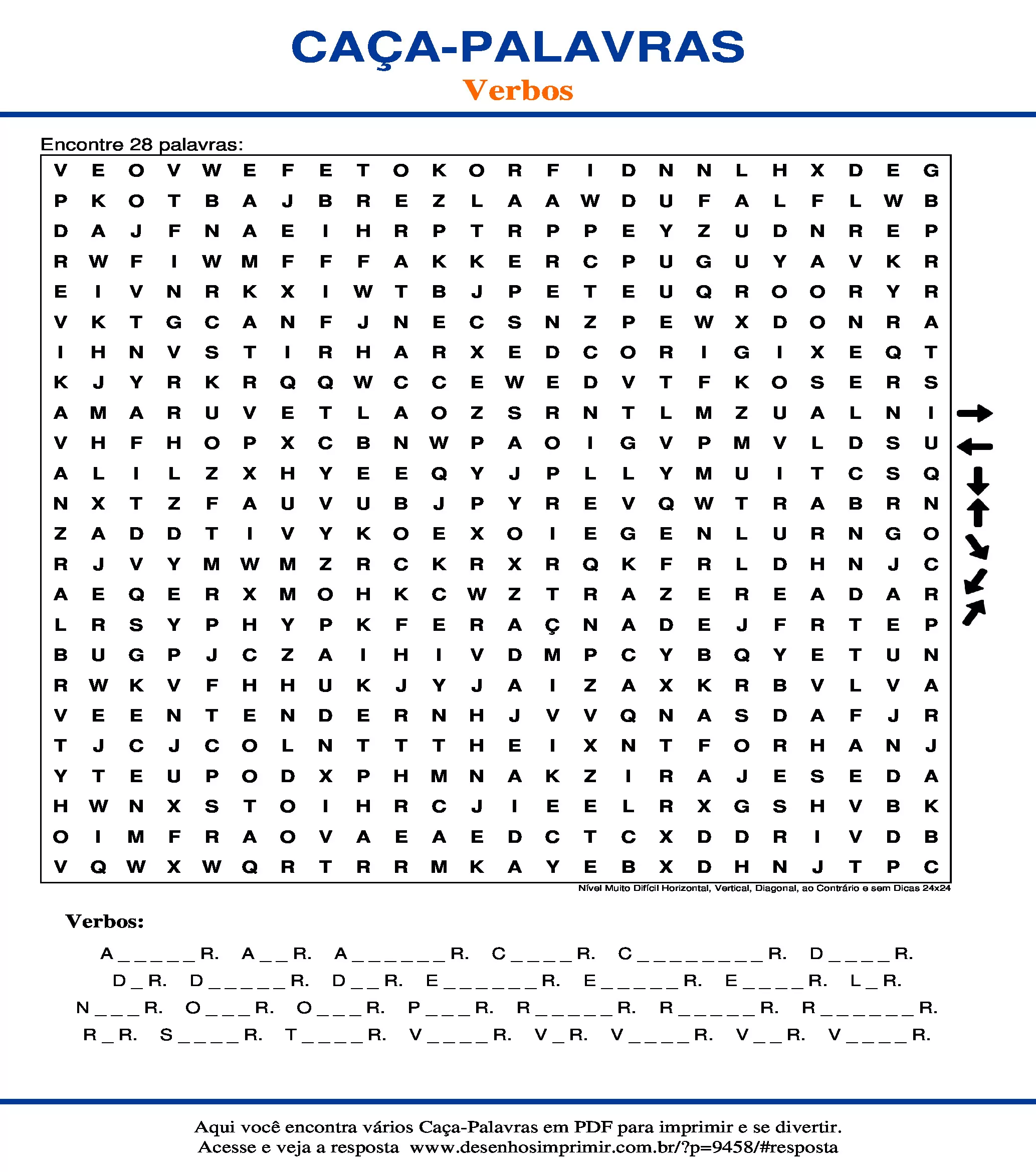 Caça Palavras Nível Muito Difícil Horizontal, Vertical, Diagonal, ao Contrário e sem Dicas 24x24