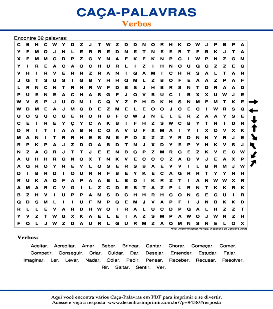 Caça Palavras dos Verbos Nível Difícil Horizontal, Vertical, Diagonal e ao Contrário 26x26 para imprimir