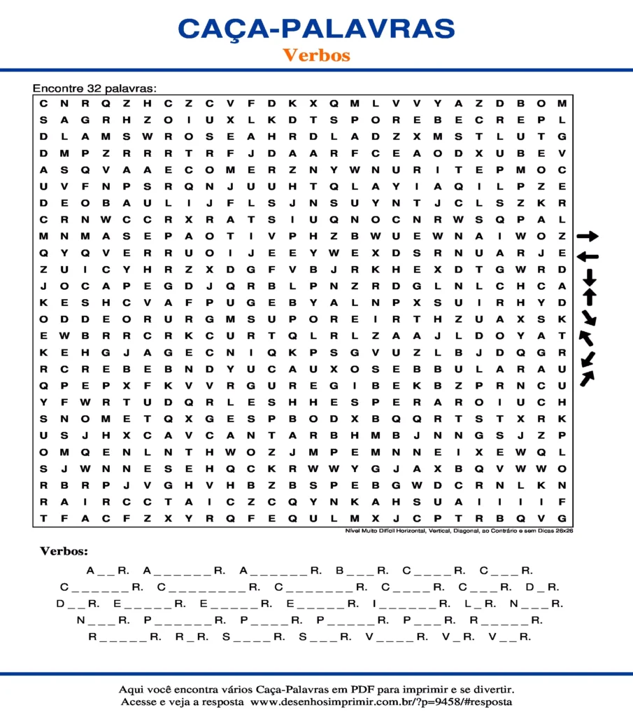 Caça Palavras dos Verbos Nível Muito Difícil Horizontal, Vertical, Diagonal, ao Contrário e sem Dicas 26x26 para imprimir