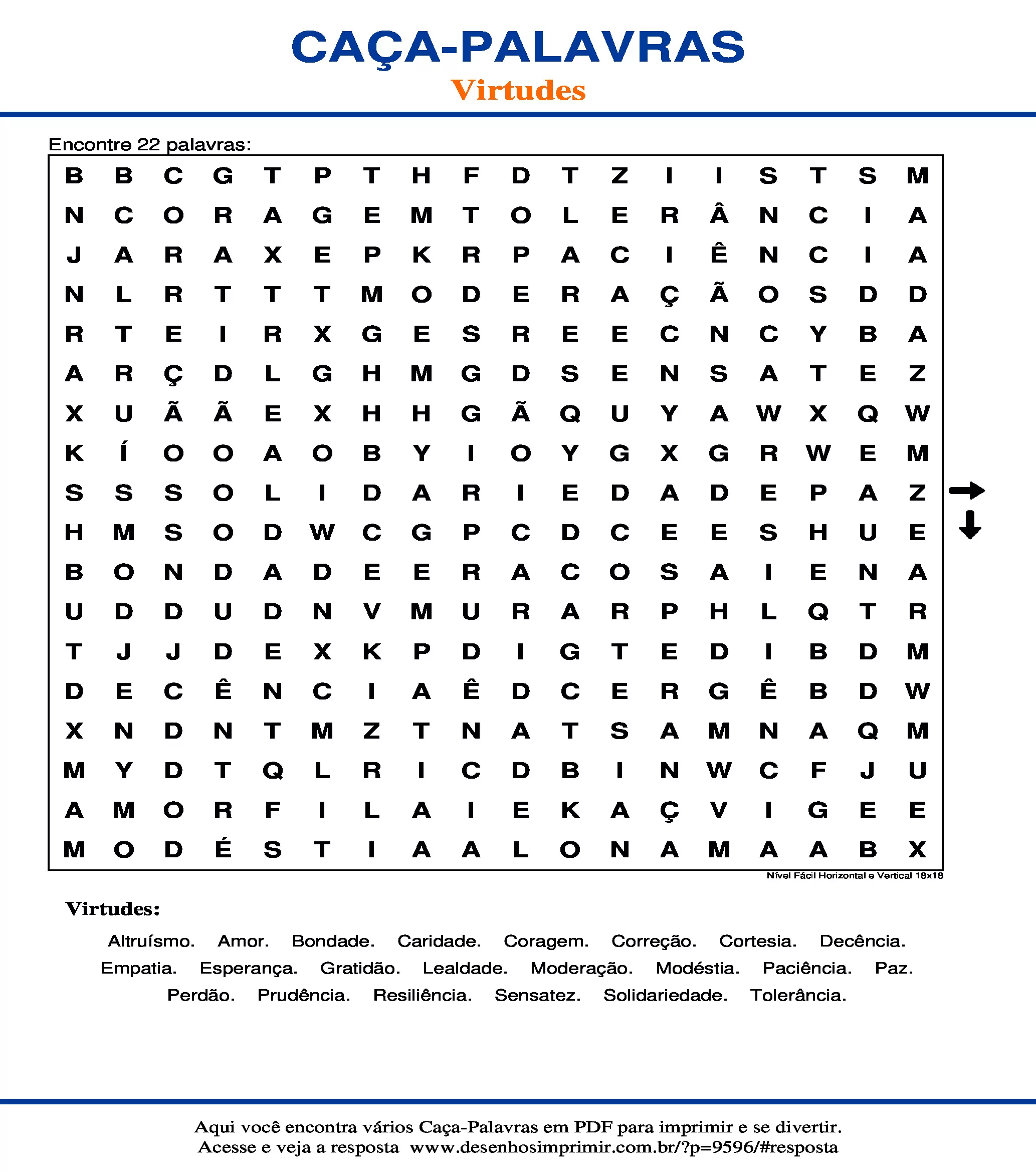 Caça Palavras Nível Fácil Horizontal e Vertical 18x18