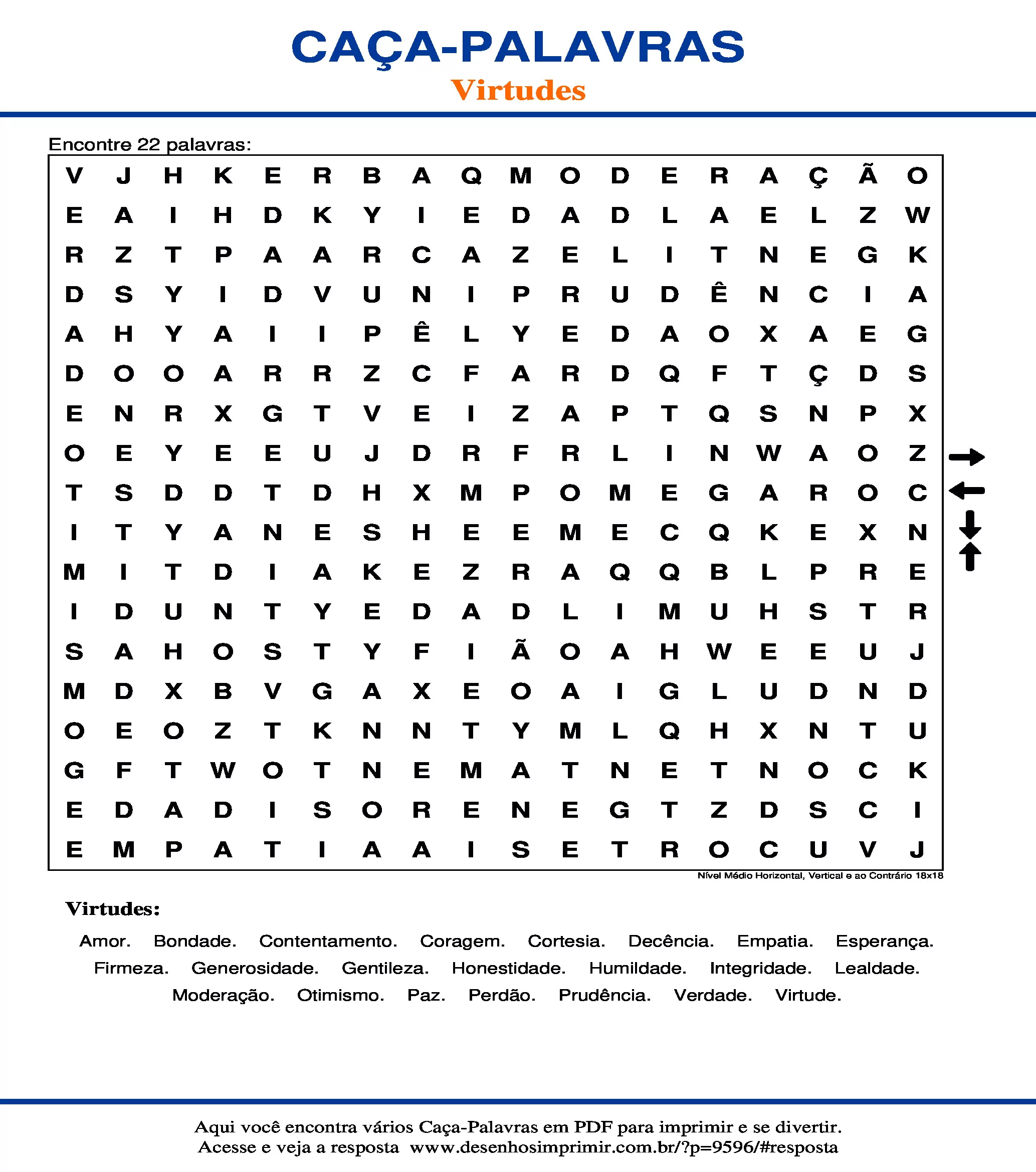 Caça Palavras Nível Médio Horizontal, Vertical e ao Contrário 18x18
