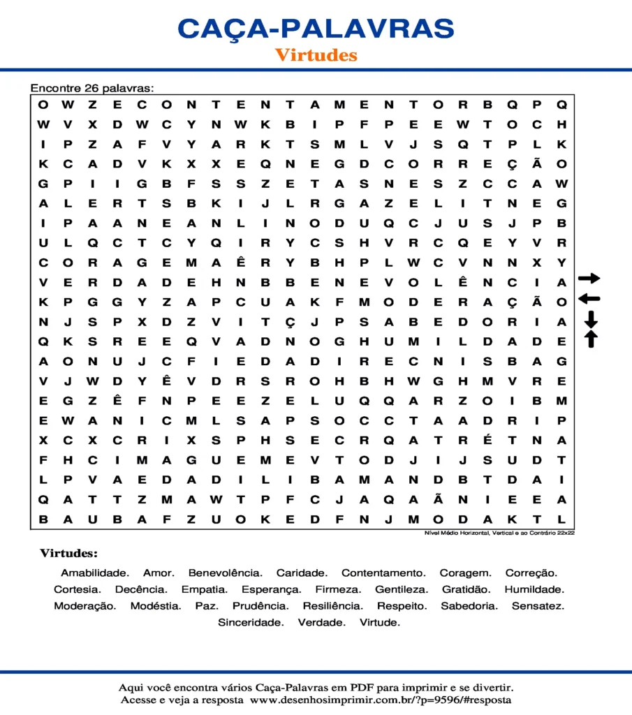 Virtudes Nível Médio Horizontal, Vertical e ao Contrário 22x22 caça palavras Caça Palavras das Virtudes Nível Médio Horizontal, Vertical e ao Contrário 22x22 para imprimir