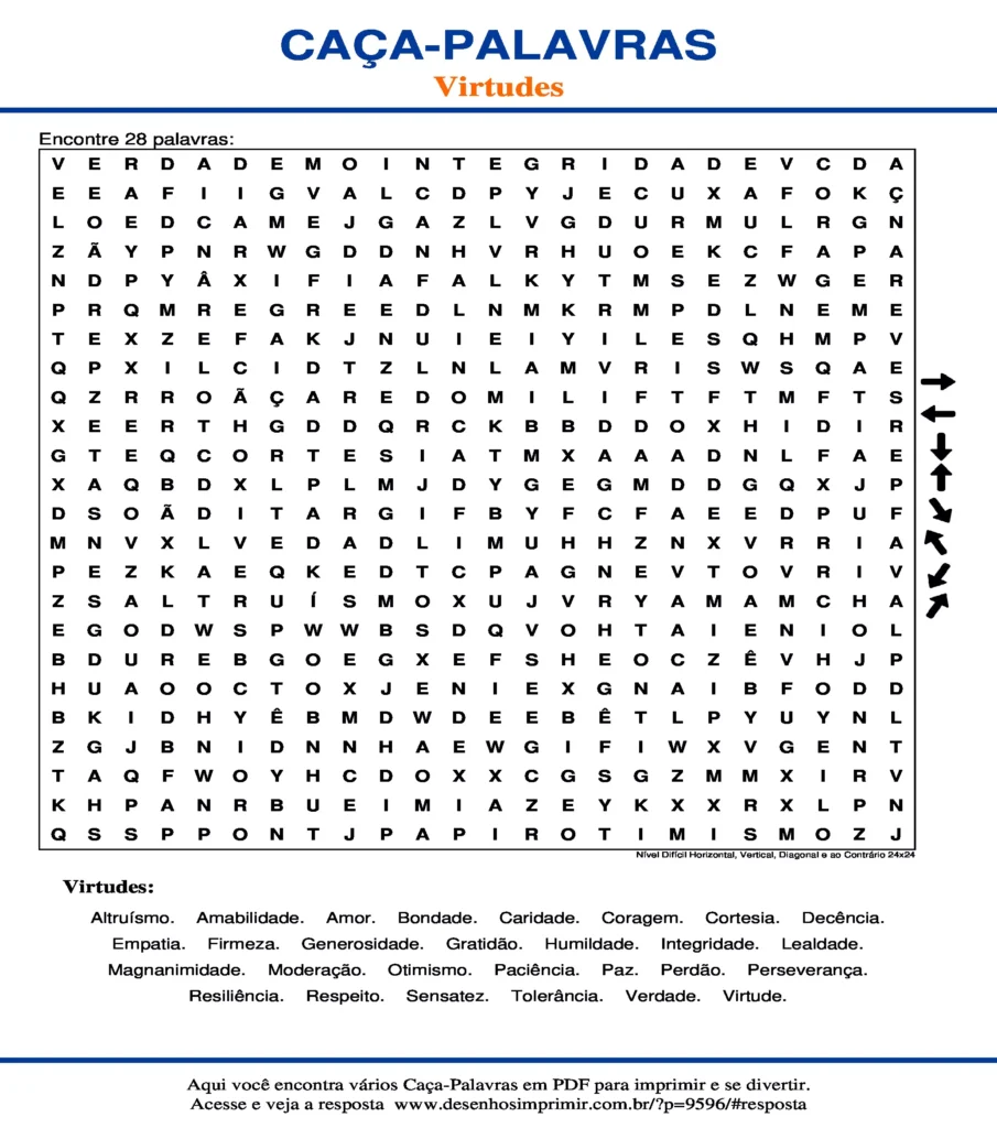 Virtudes Nível Difícil Horizontal, Vertical, Diagonal e ao Contrário 24x24 caça palavras Caça Palavras das Virtudes Nível Difícil Horizontal, Vertical, Diagonal e ao Contrário 24x24 para imprimir