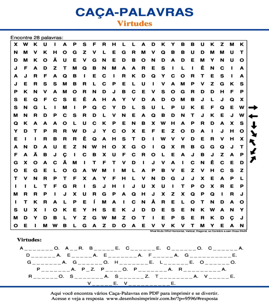 Virtudes Nível Muito Difícil Horizontal, Vertical, Diagonal, ao Contrário e sem Dicas 24x24 caça palavras Caça Palavras das Virtudes Nível Muito Difícil Horizontal, Vertical, Diagonal, ao Contrário e sem Dicas 24x24 para imprimir