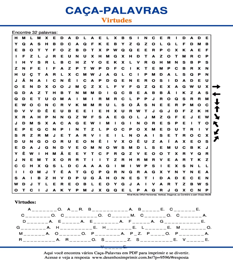 Virtudes Nível Muito Difícil Horizontal, Vertical, Diagonal, ao Contrário e sem Dicas 26x26 caça palavras Caça Palavras das Virtudes Nível Muito Difícil Horizontal, Vertical, Diagonal, ao Contrário e sem Dicas 26x26 para imprimir