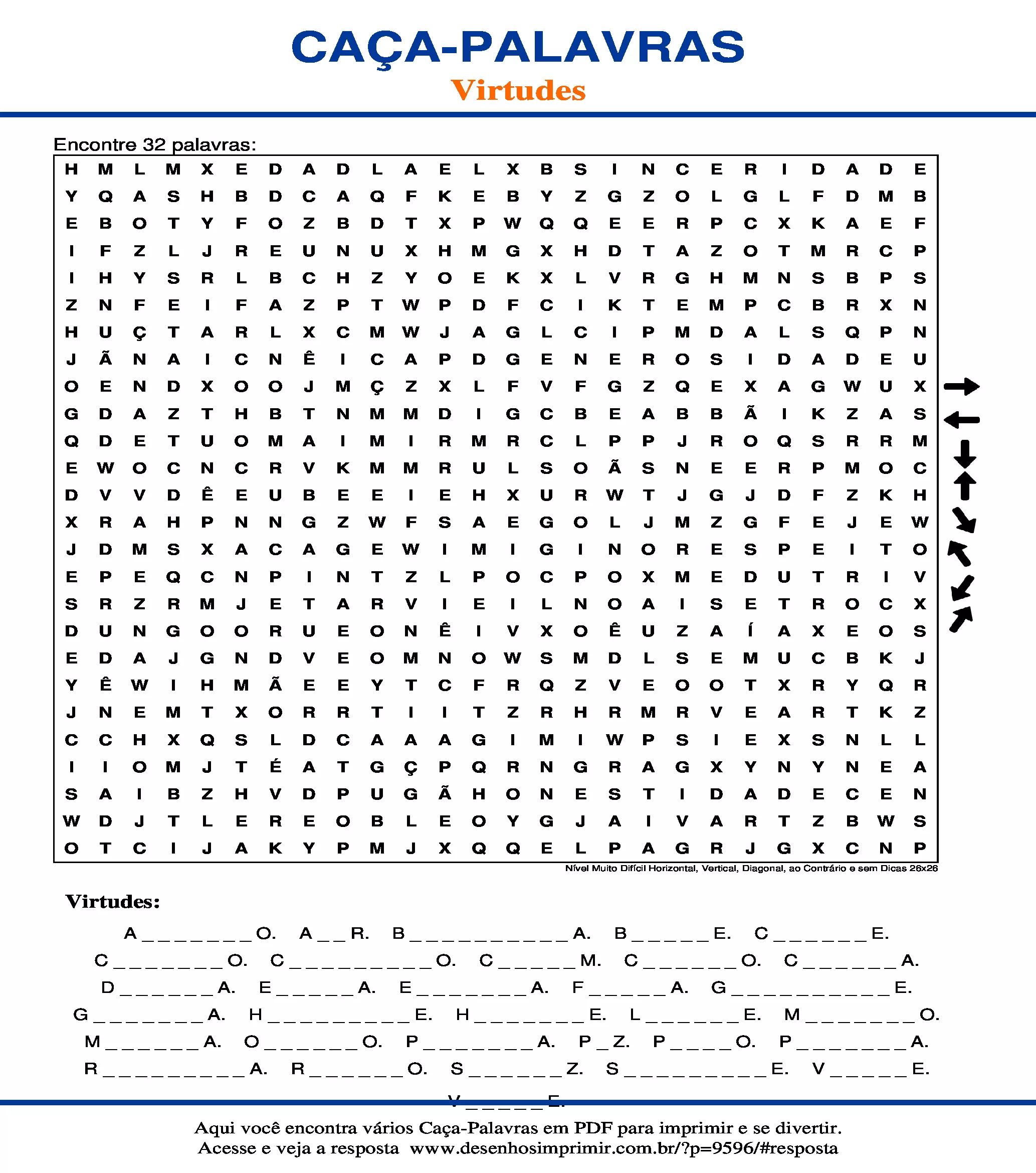 Caça Palavras Nível Muito Difícil Horizontal, Vertical, Diagonal, ao Contrário e sem Dicas 26x26