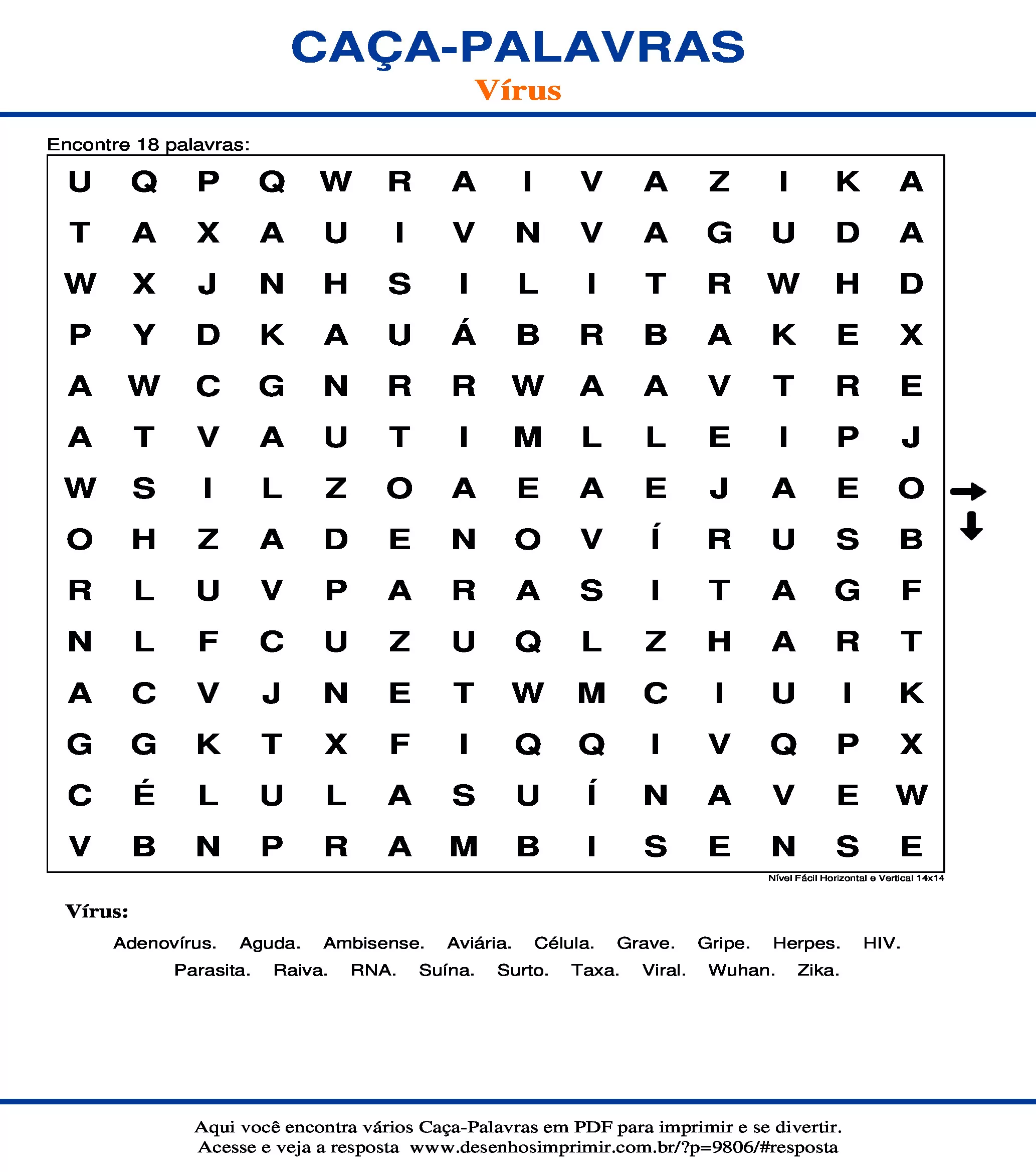 Caça Palavras Nível Fácil Horizontal e Vertical 14x14
