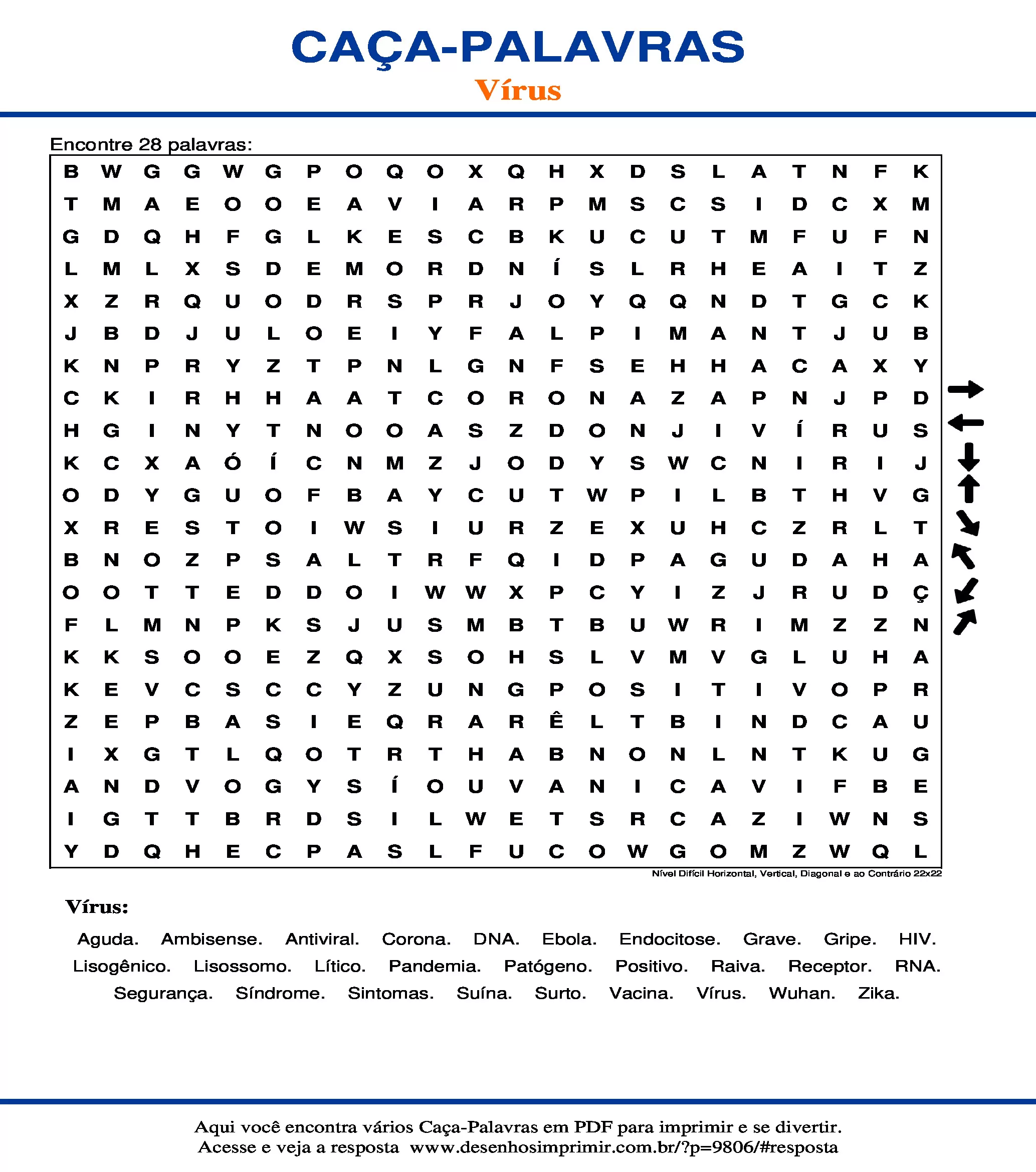 Caça Palavras Nível Difícil Horizontal, Vertical, Diagonal e ao Contrário 22x22
