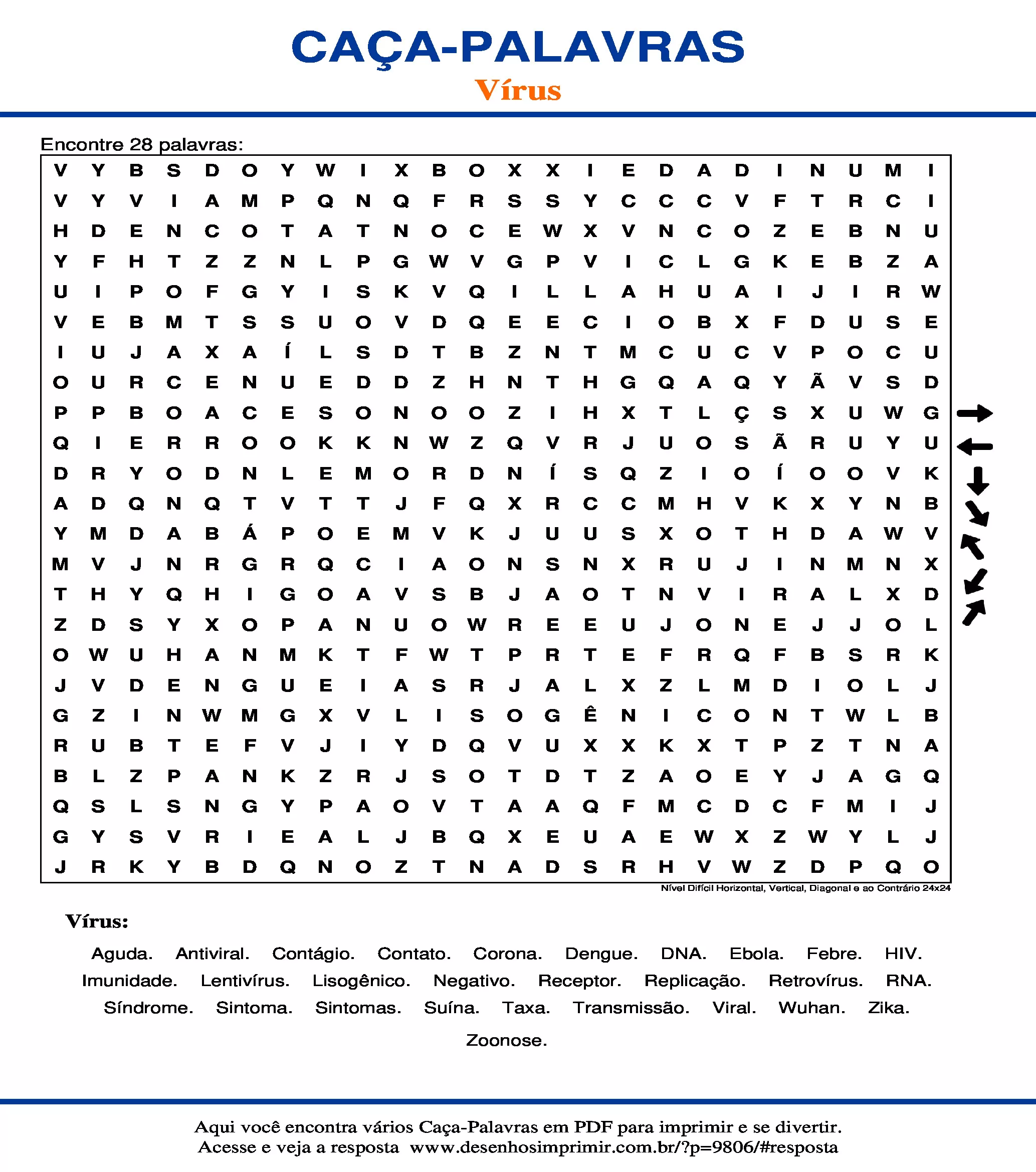 Caça Palavras Nível Difícil Horizontal, Vertical, Diagonal e ao Contrário 24x24