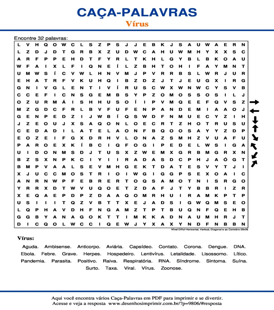 Vírus Nível Difícil Horizontal, Vertical, Diagonal e ao Contrário 26x26 caça palavras Caça Palavras sobre Vírus Nível Difícil Horizontal, Vertical, Diagonal e ao Contrário 26x26 para imprimir