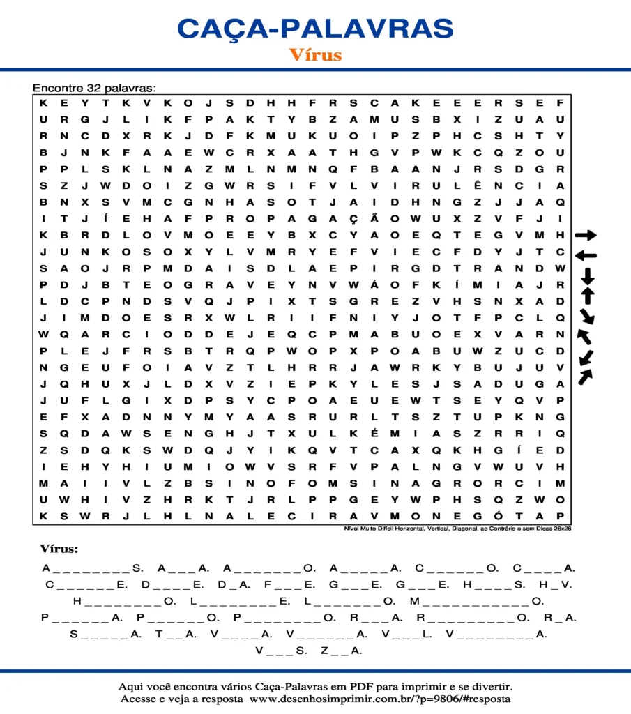 Vírus Nível Muito Difícil Horizontal, Vertical, Diagonal, ao Contrário e sem Dicas 26x26 caça palavras Caça Palavras sobre Vírus Nível Muito Difícil Horizontal, Vertical, Diagonal, ao Contrário e sem Dicas 26x26 para imprimir