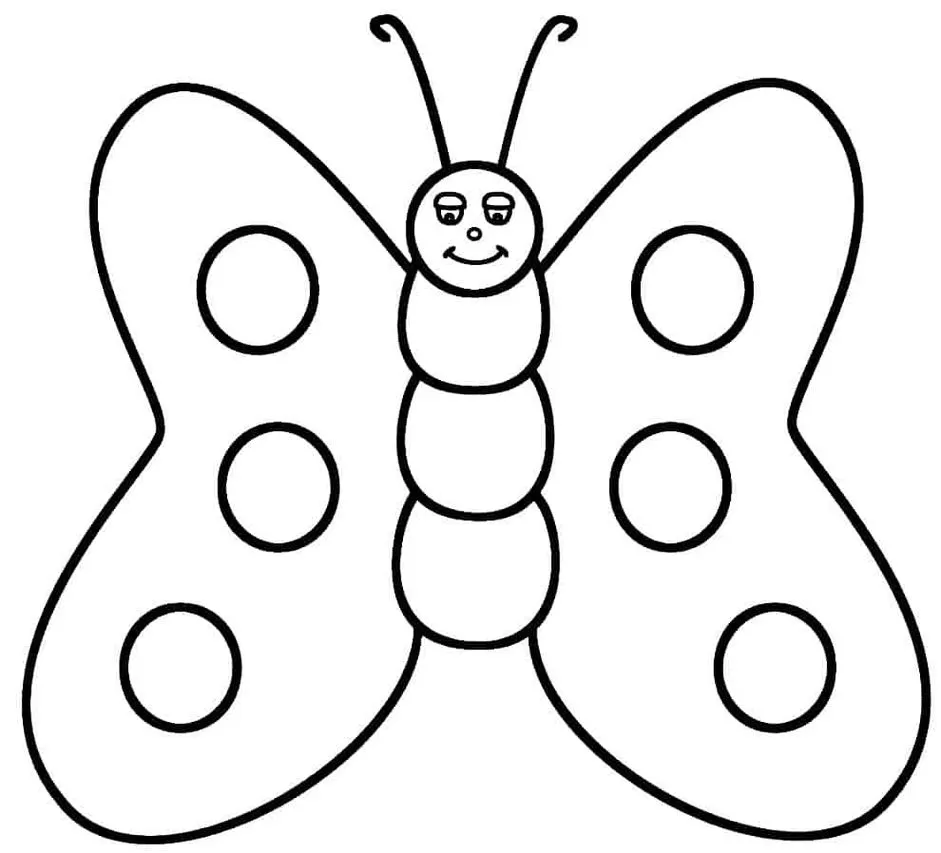 Borboleta com design circular para colorir. Desenho simples com antenas curvas, corpo segmentado e asas arredondadas com grandes círculos internos. Ideal para atividades de coloração.