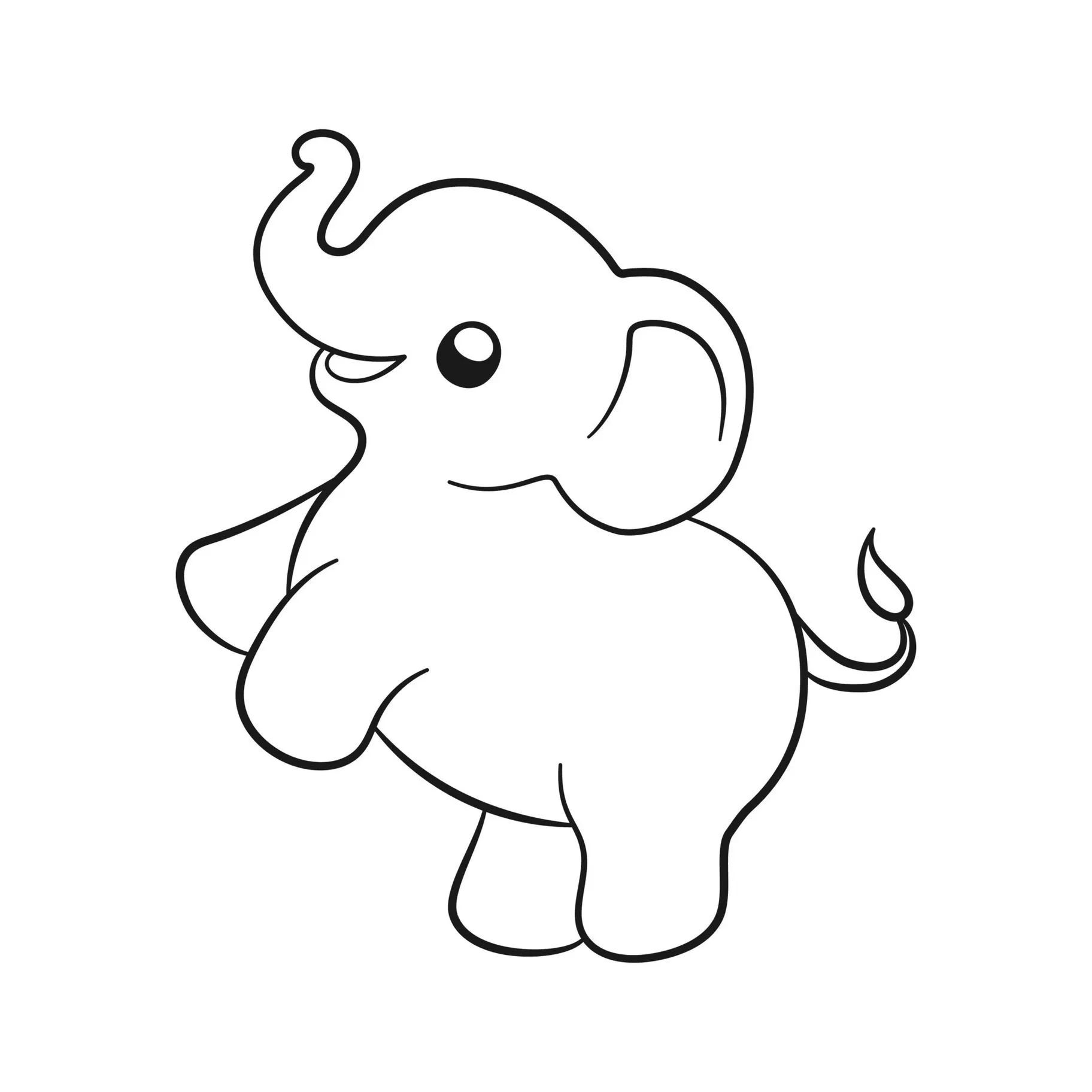 Elefantinho para colorir: desenho simples e fofo com tromba levantada e sorriso amigável.