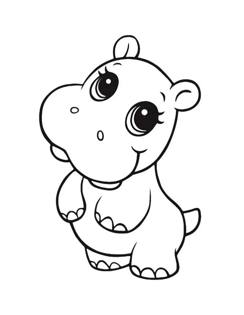 Hipopótamo divertido para colorir: Desenho simples e amigável de um hipopótamo de desenho animado com corpo arredondado, olhos grandes e sorriso meigo. Ideal para atividades criativas.
