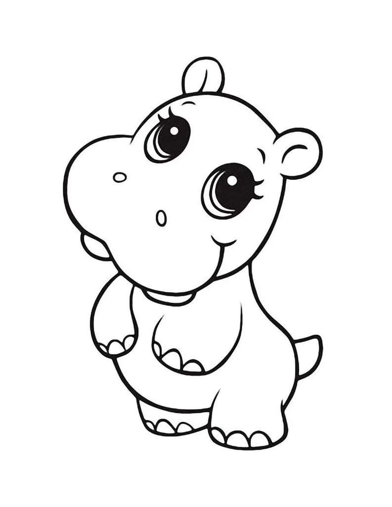 Hipopótamo divertido para colorir: Desenho simples e amigável de um hipopótamo de desenho animado com corpo arredondado, olhos grandes e sorriso meigo. Ideal para atividades criativas.