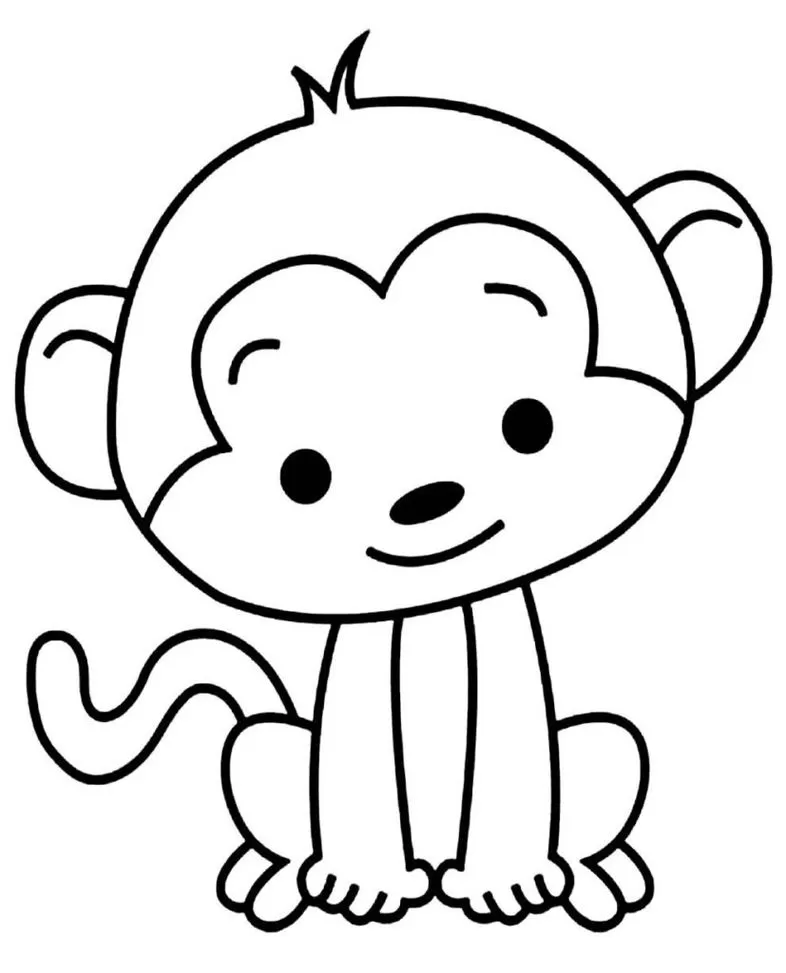 Filhote de macaco sentado, estilo desenho animado, pronto para colorir.