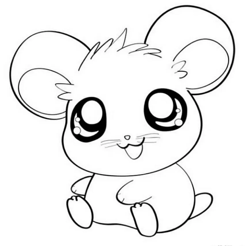 Desenho divertido de um rato fofo com estilo kawaii. Arte de roedor com olhos grandes e sorriso adorável, perfeito para colorir.