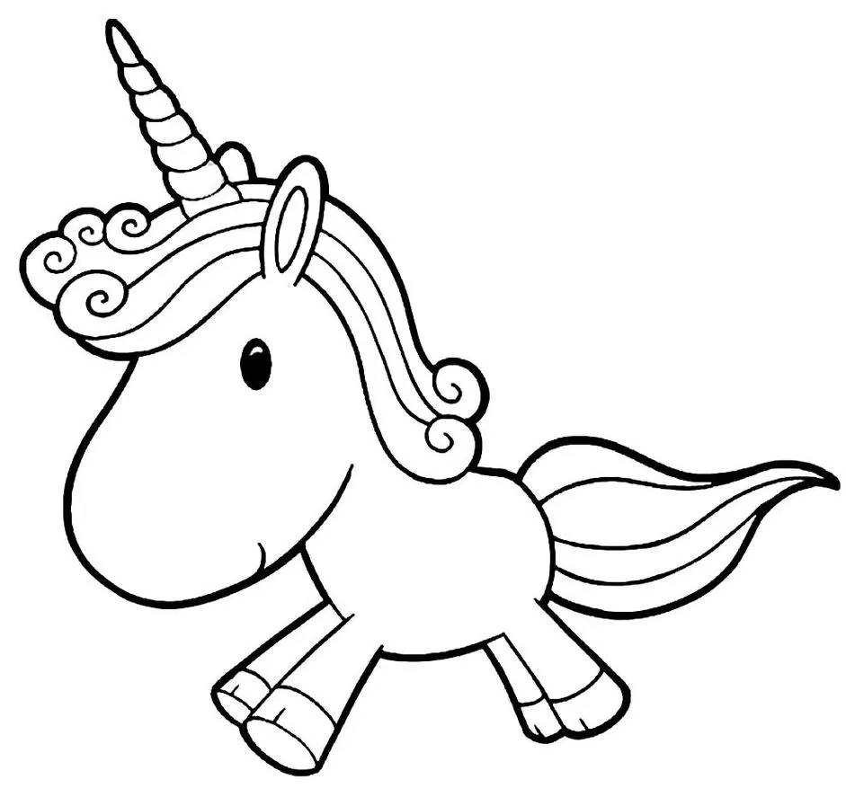 Unicórnio fofo para colorir: desenho simples com crina cacheada, chifre espiral e sorriso encantador, ideal para crianças.