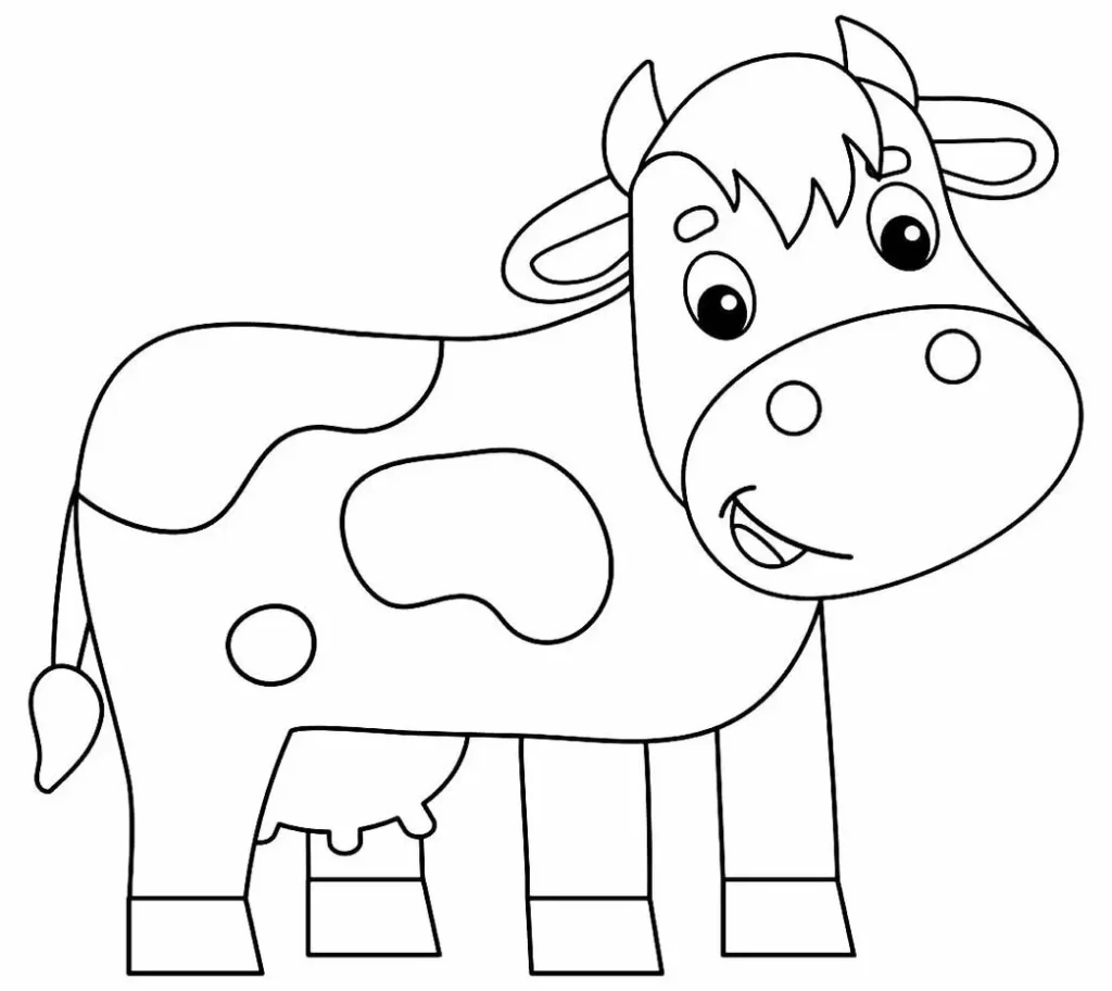 Desenho de vaca sorrindo, com manchas e traços simples para colorir.