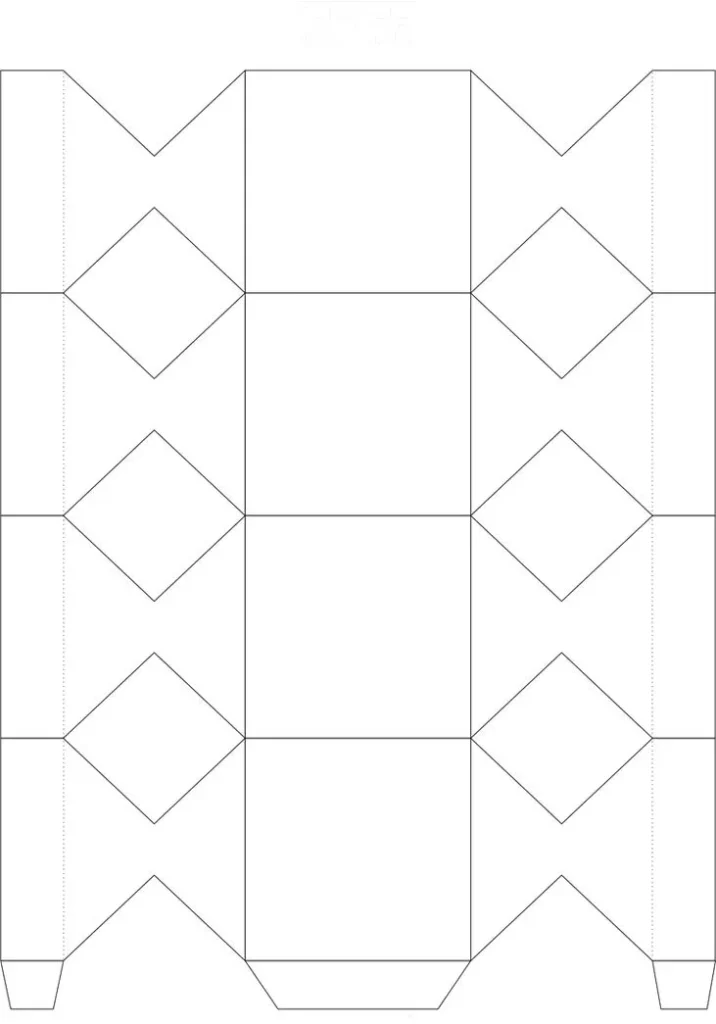 Molde de caixinha para bombons e pequenos presentes, pronto para impressão. Design com abas para montagem e detalhes decorativos.