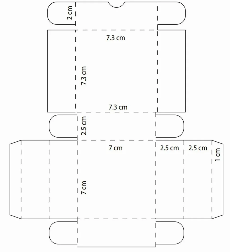 Molde para caixa retangular em papel: modelo para montagem com dimensões e dobras indicadas.