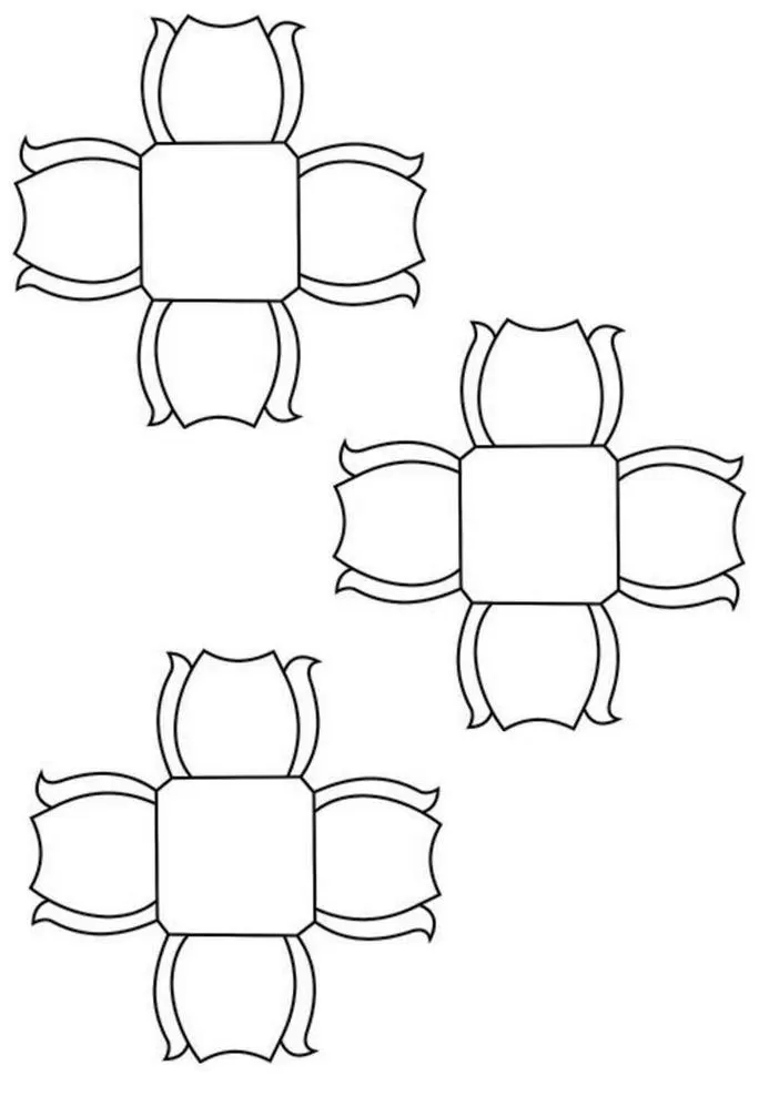 Diagramas de moldes de forminhas de flor para criar embalagens decorativas para doces.