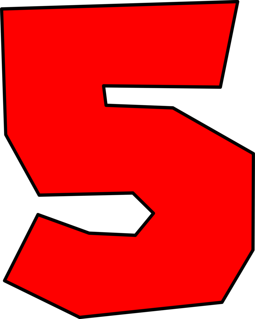 Número 5 vermelho estilo Super Mario, design anguloso sobre fundo escuro.