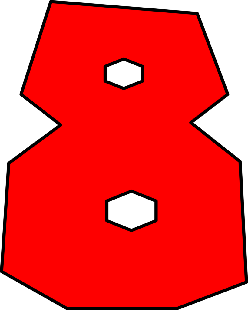 Número 8 vermelho estilo Super Mario com design facetado.